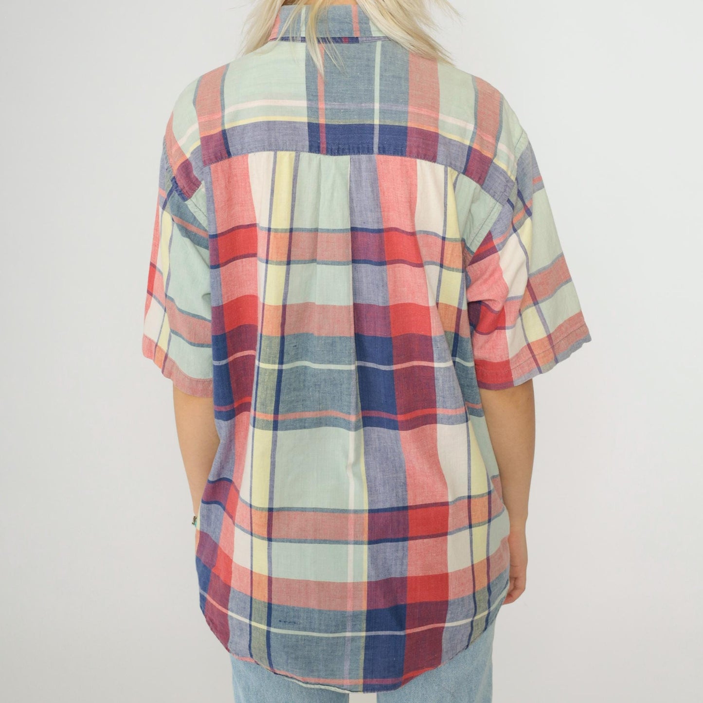 90s Lands End Plaid Button Up Shirt Blue Red Check Short Sleeve Medium