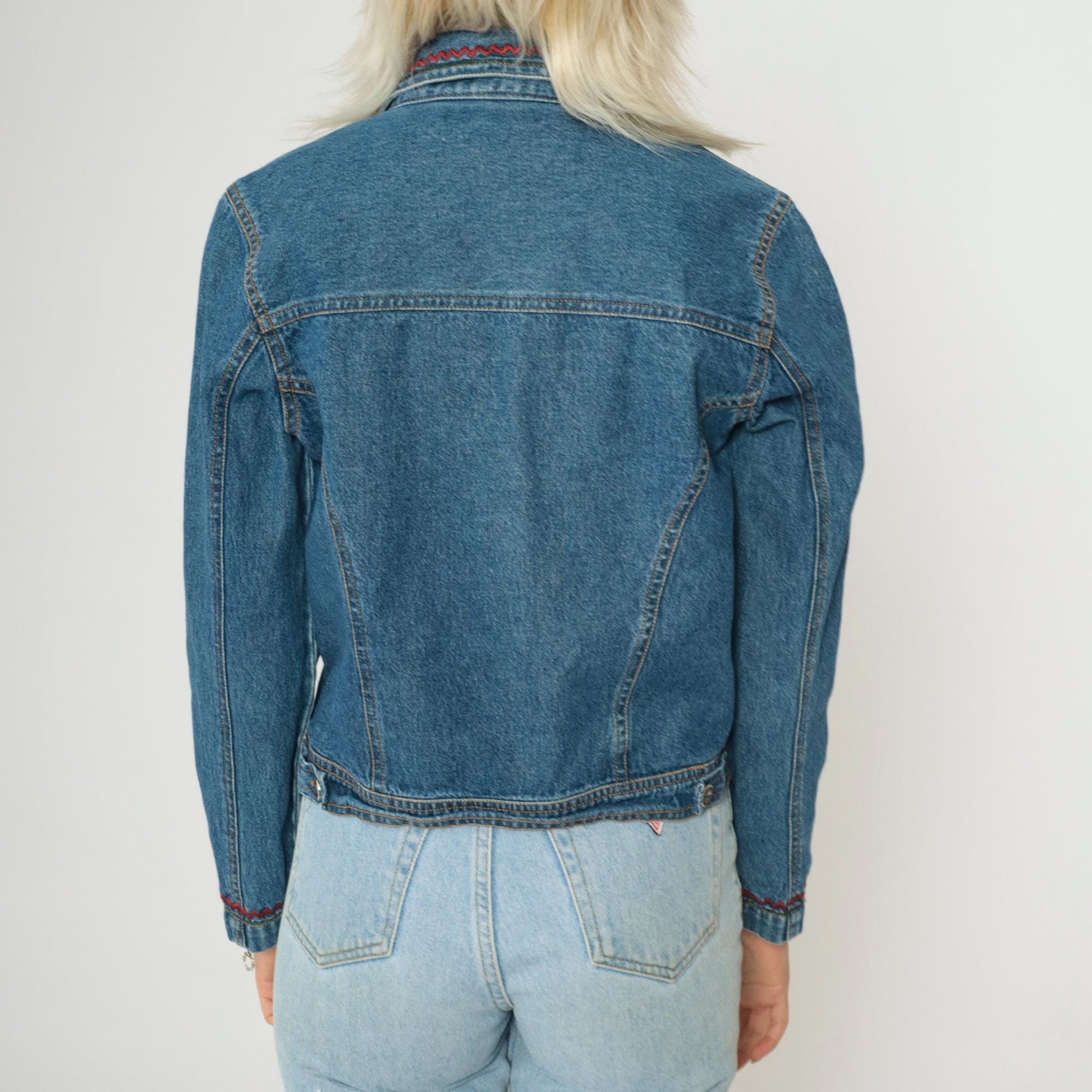 00s New Identity Denim Jacket Geometric Embroidery Blue Jean Jacket Small