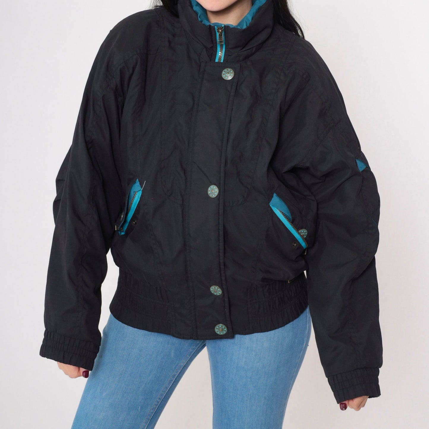90s Black Puffer Ski Jacket Turquoise Trim Windbreaker Extra Large XL