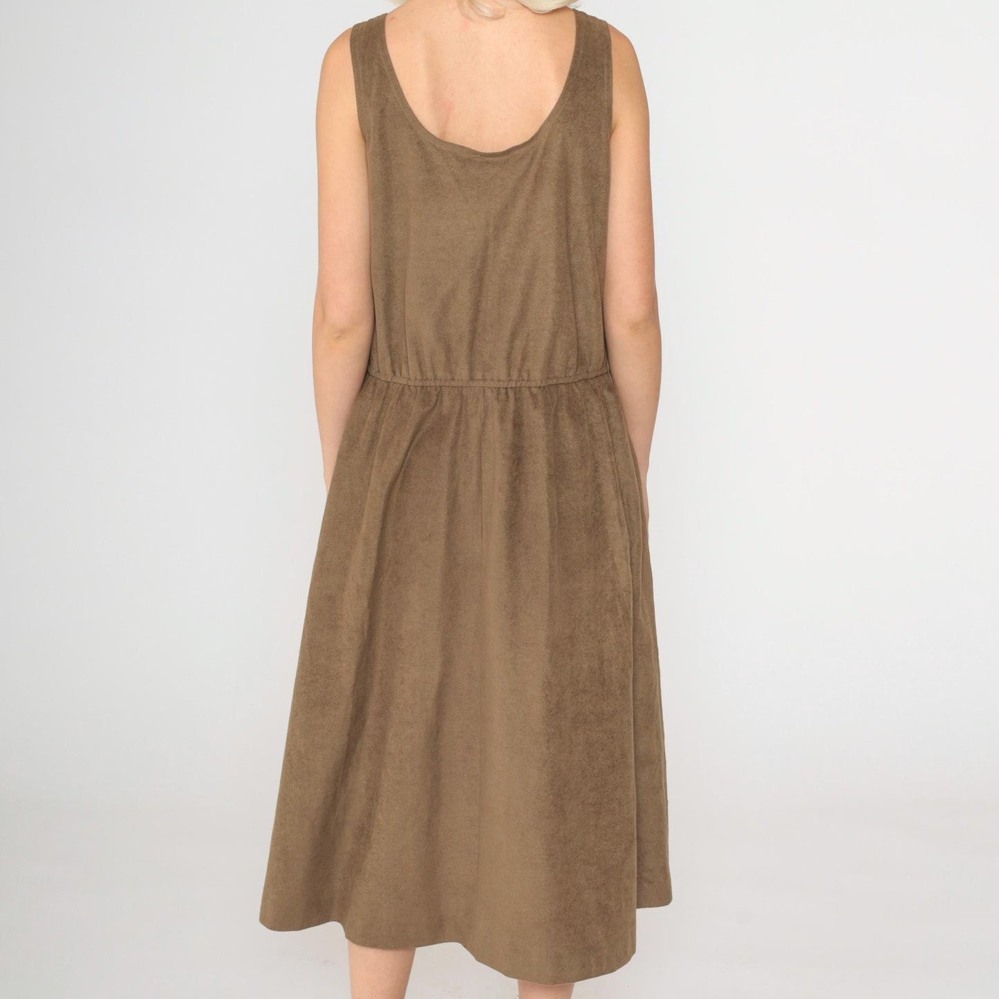 80s Brown Faux Suede Midi Dress Sleeveless Scoop Neck High Waist Medium Large