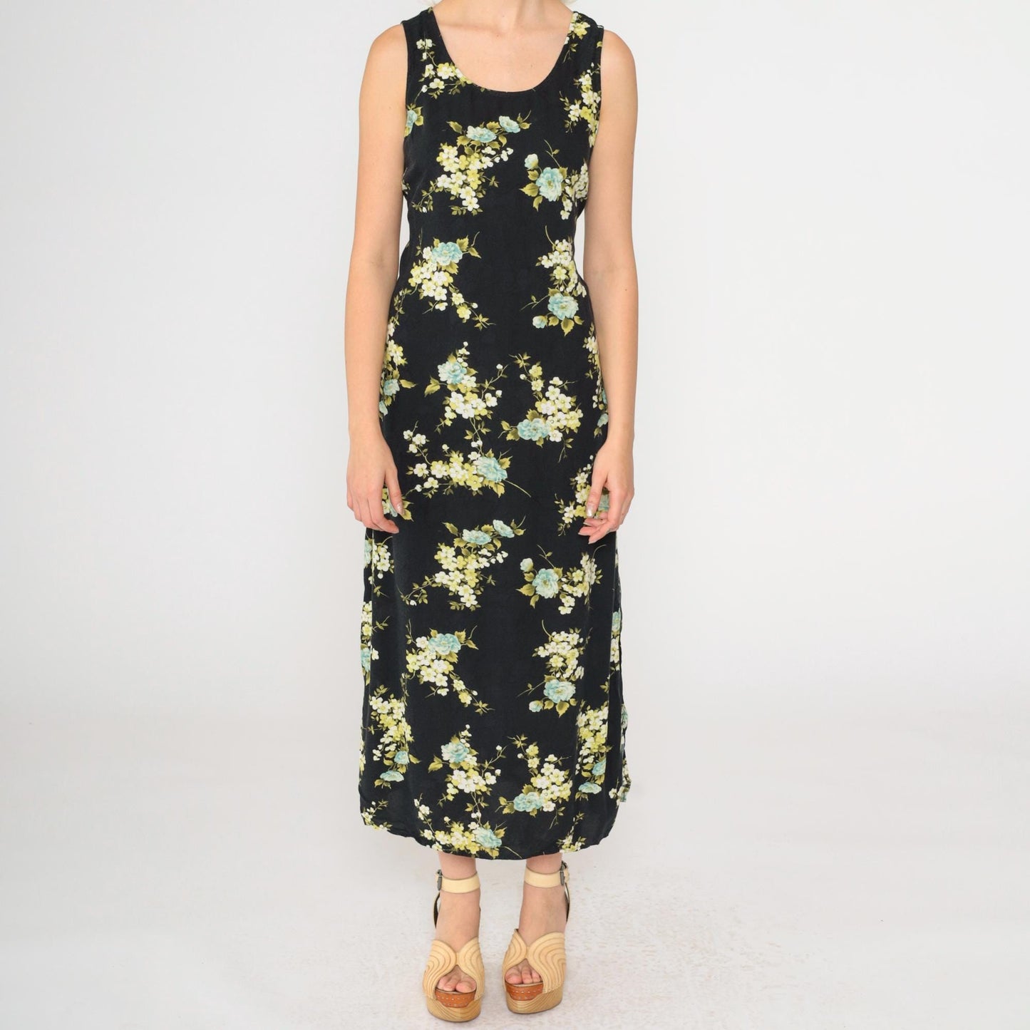 90s R&K Originals Black Floral Rayon Dress Sleeveless Ankle Length Medium