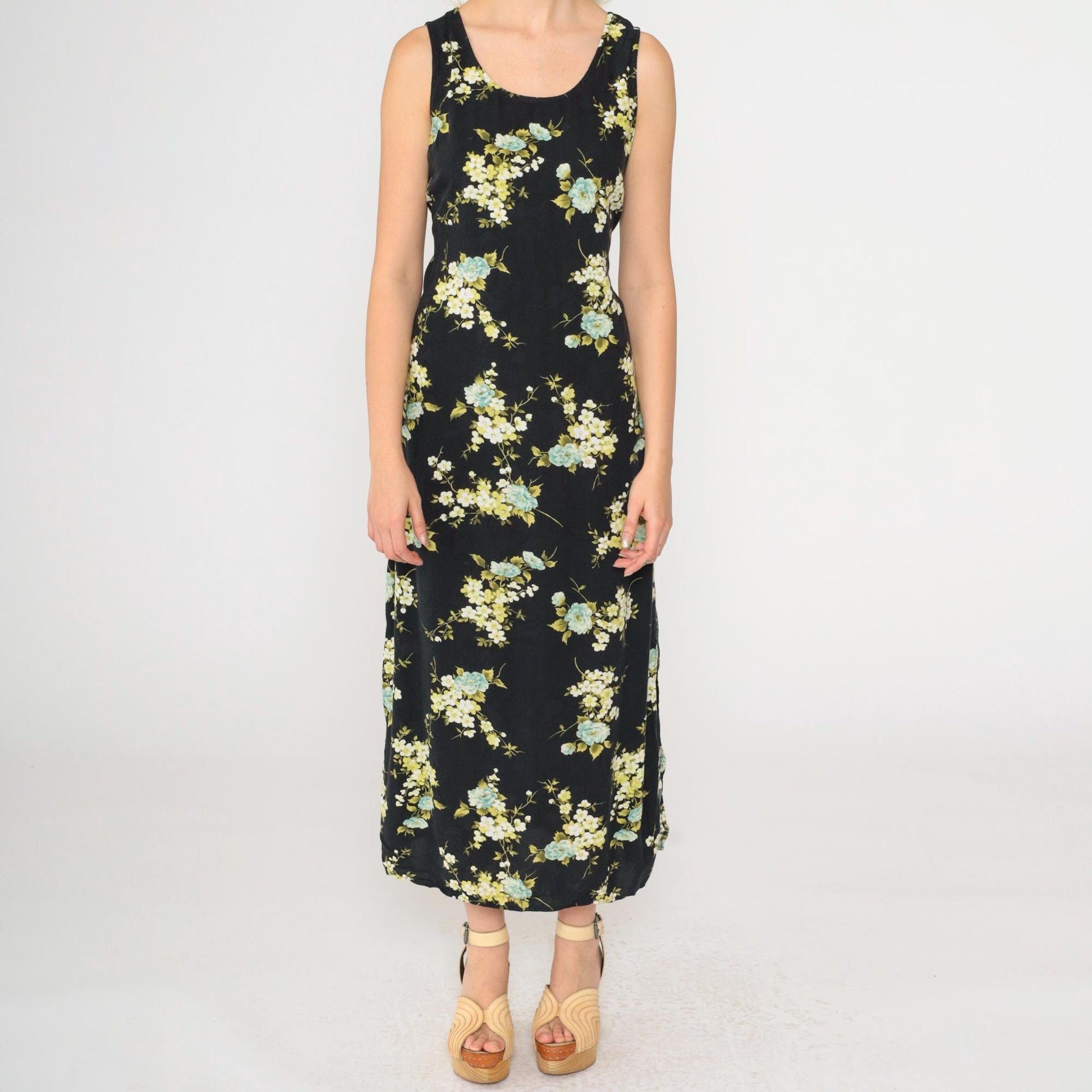 90s R&K Originals Black Floral Rayon Dress Sleeveless Ankle Length Medium