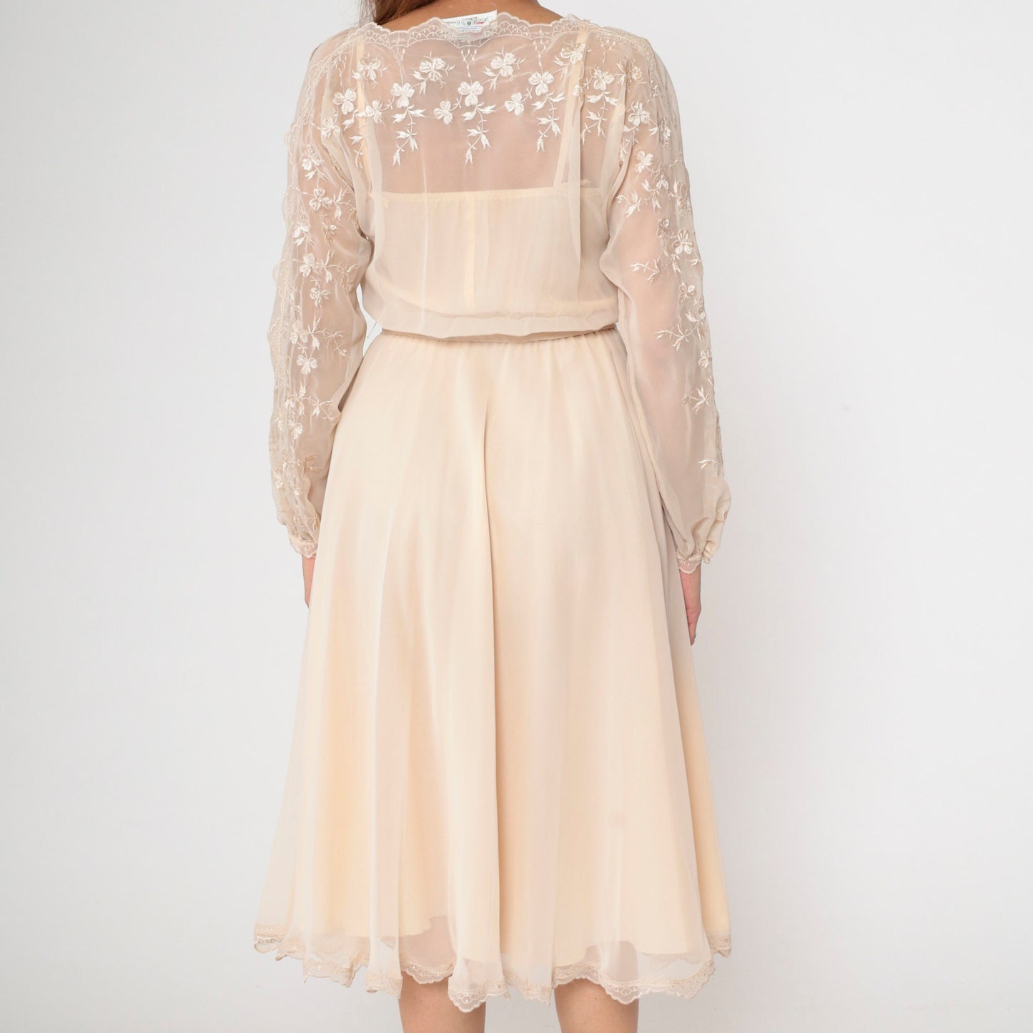 70s Beige Chiffon Midi Dress Floral Embroidery Illusion Neckline Small