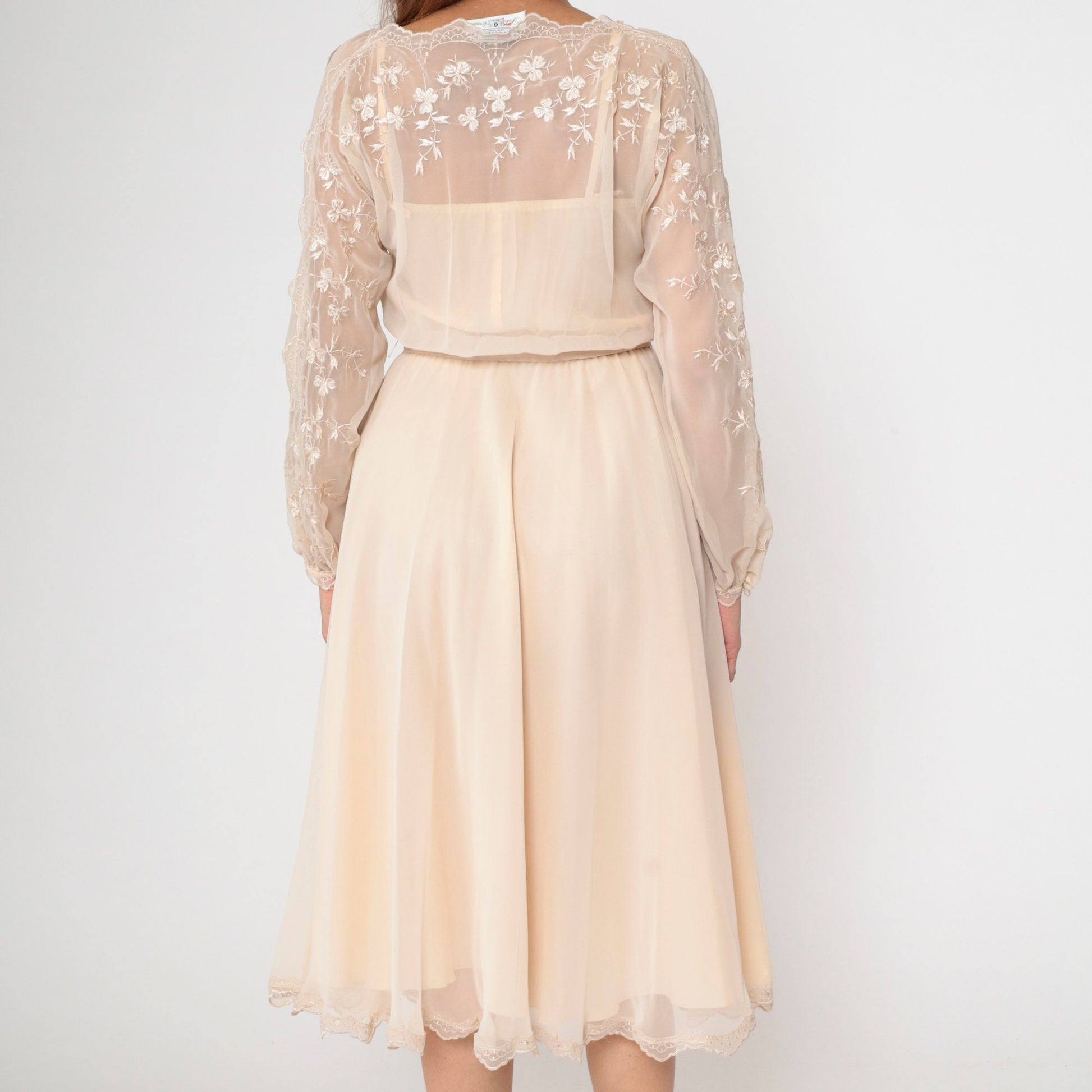 70s Beige Chiffon Midi Dress Floral Embroidery Illusion Neckline Small