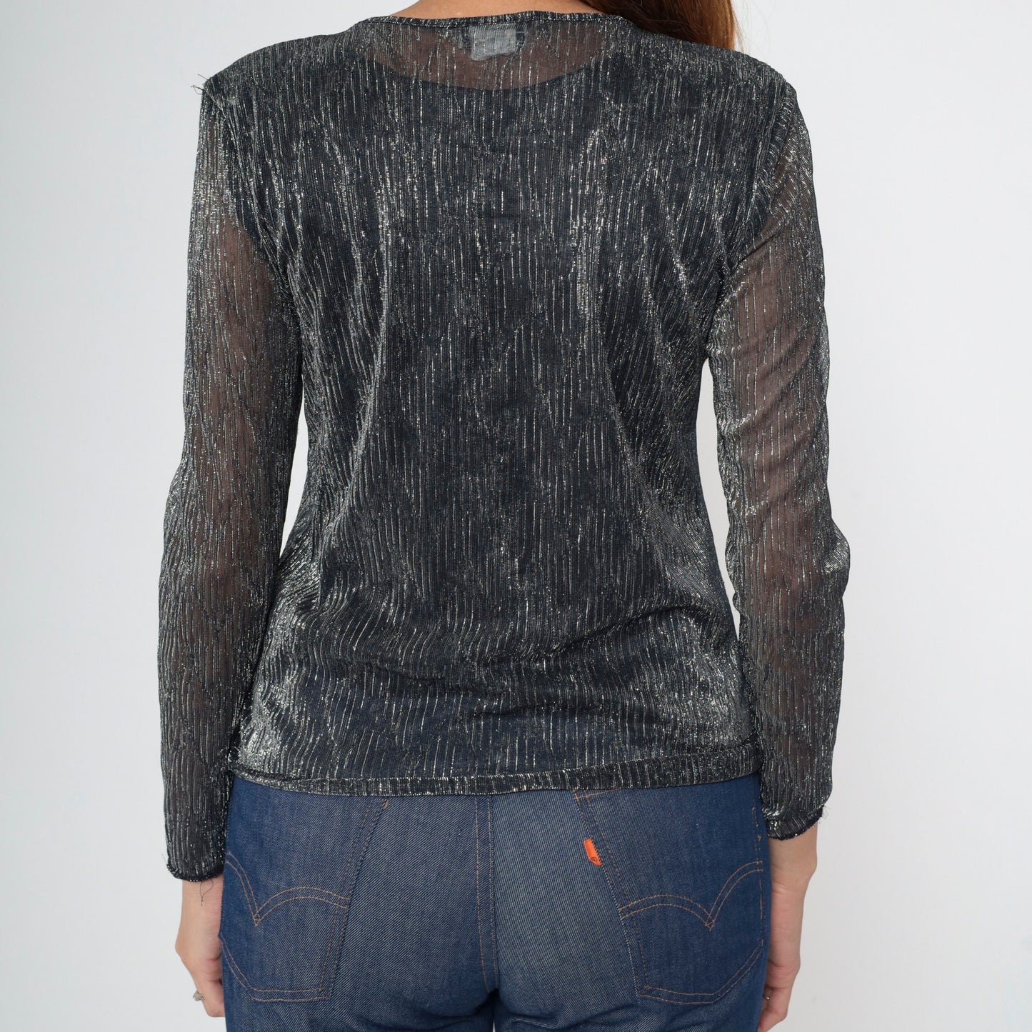 90s Lauren Lee Black Silver Striped Metallic Blouse Long Sleeve Medium