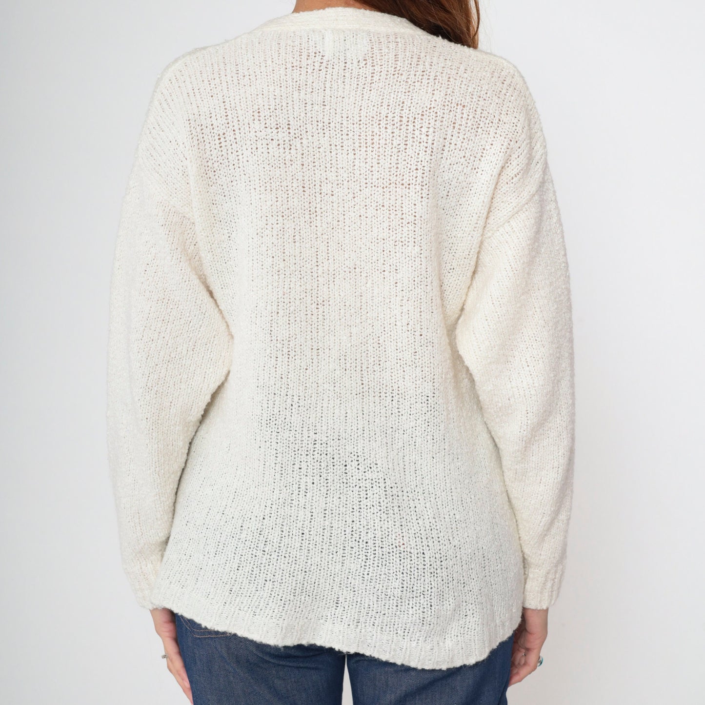 80s Off-White Cardigan Button-Up Knit Sweater V-Neck Pockets Medium