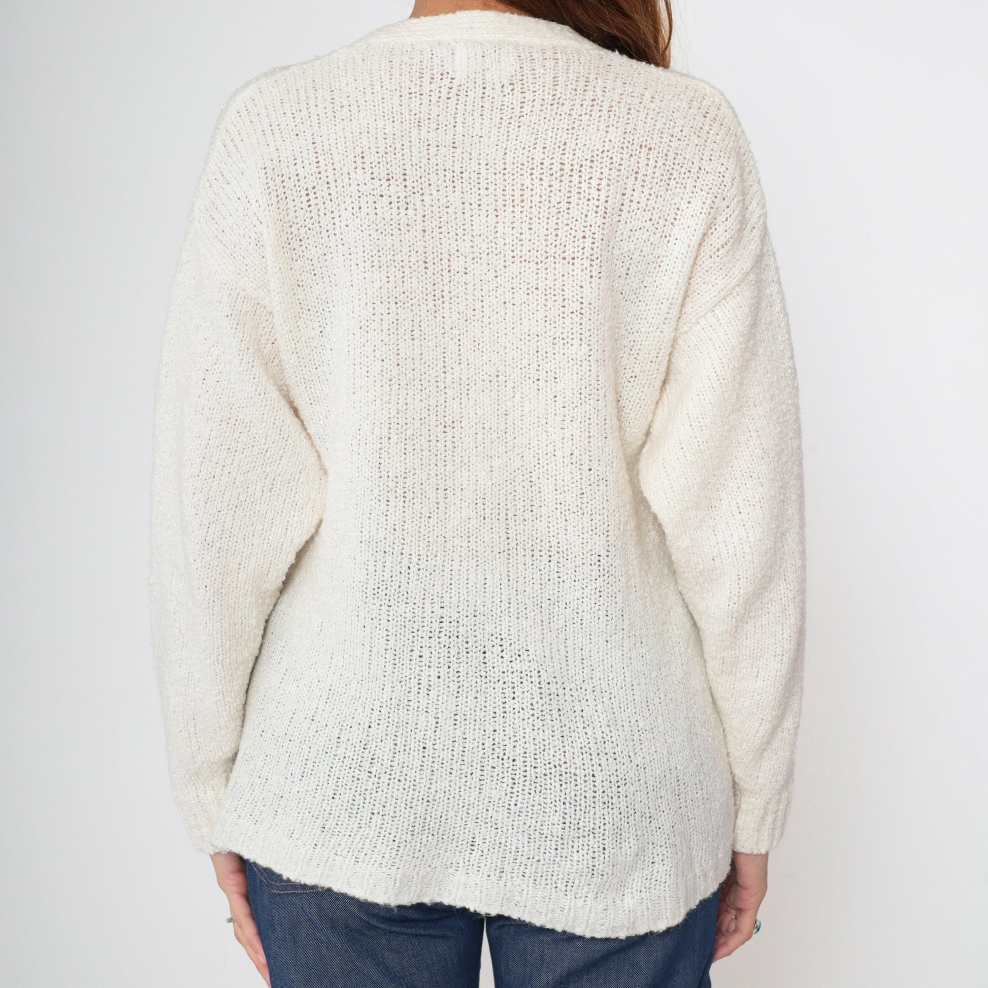 80s Off-White Cardigan Button-Up Knit Sweater V-Neck Pockets Medium