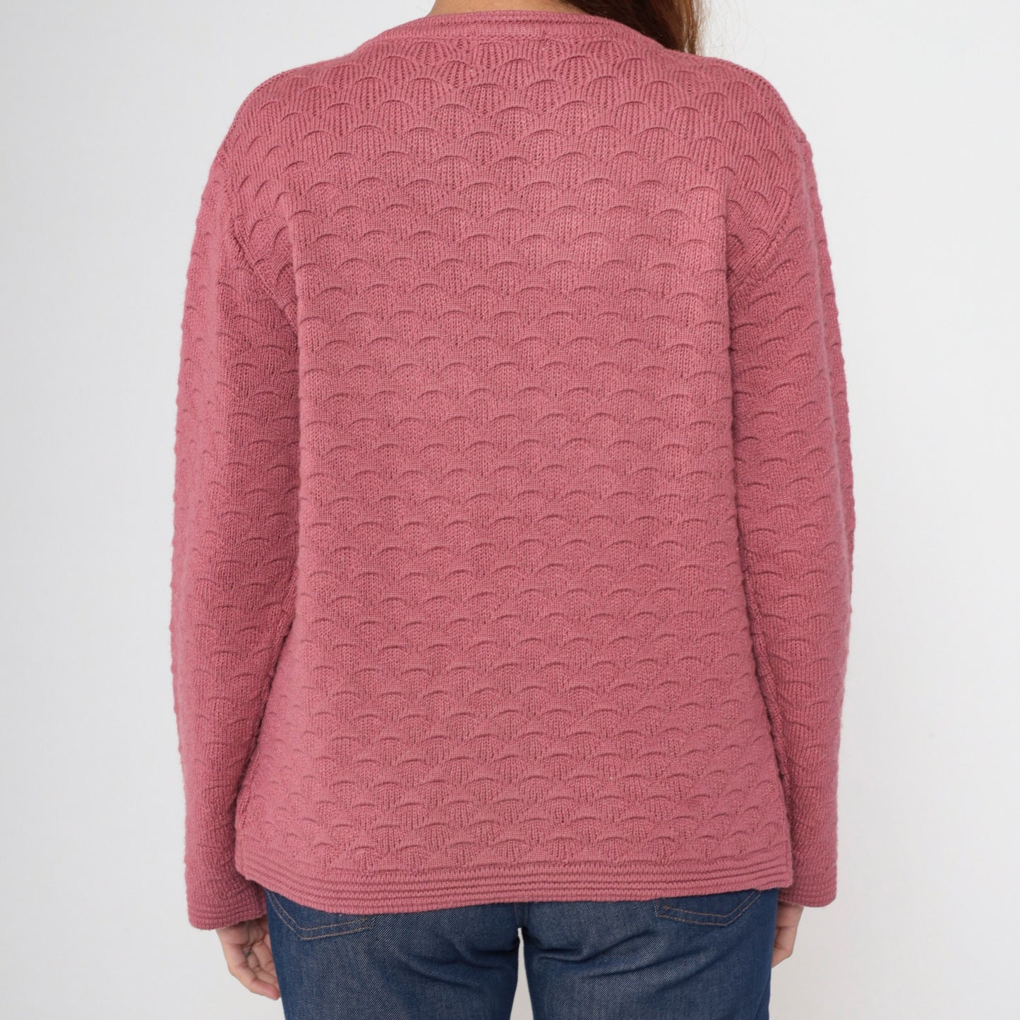 70s Pink Textured Knit Cardigan Open Front Long Sleeve Medium