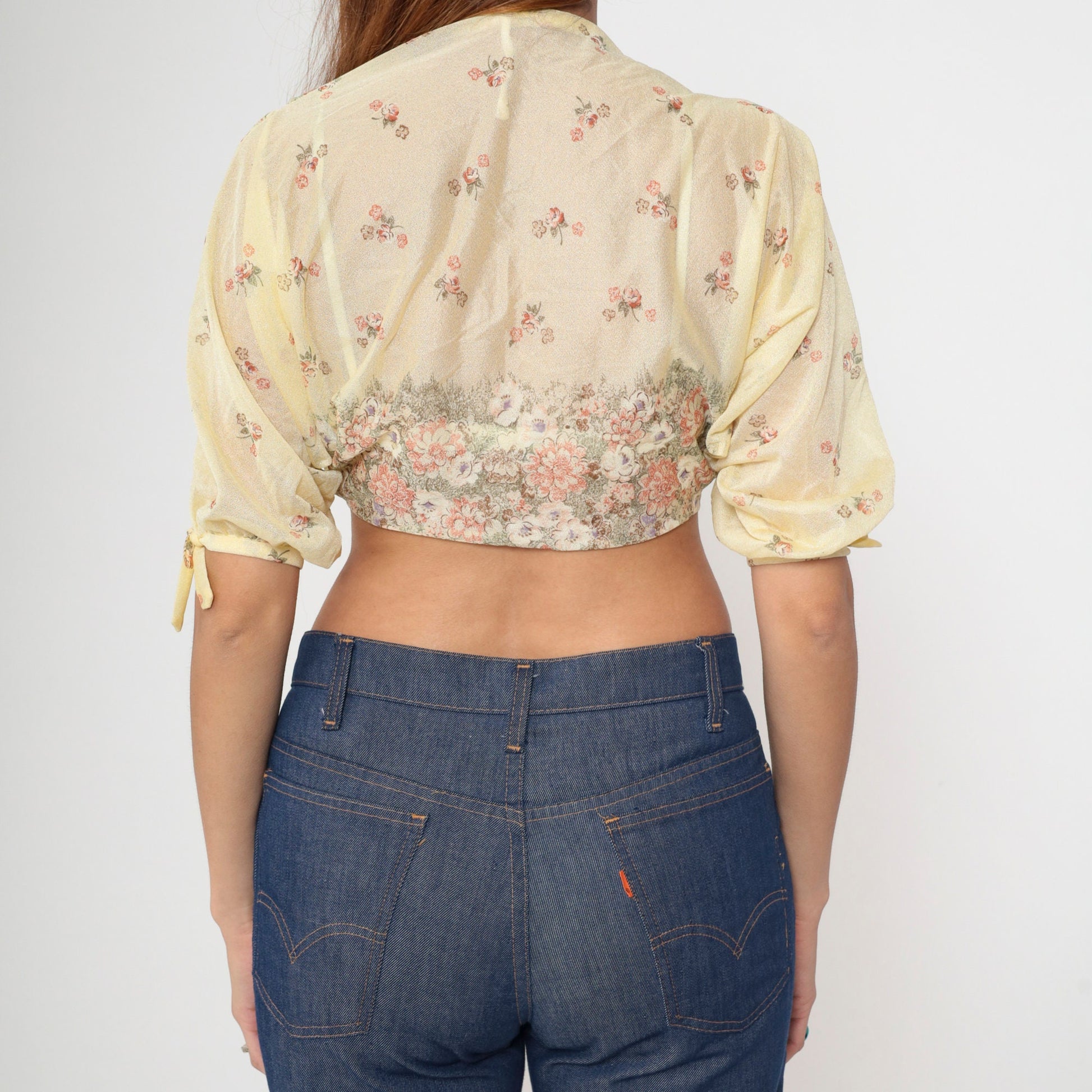 70s Yellow Floral Bolero Jacket Sheer Crop Open Front Tie Chest Small Medium