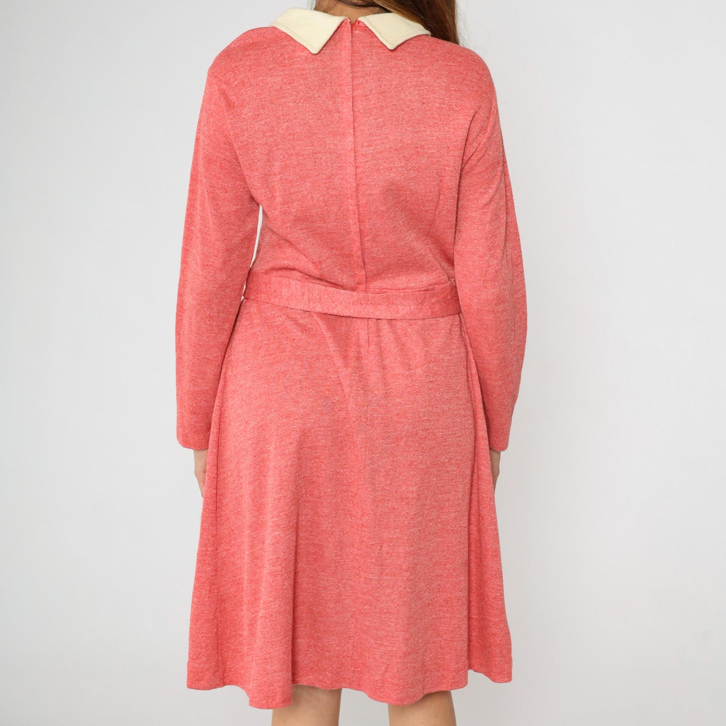 70s Mod Dress Pink Pleated Midi High Waist Contrast Collar Long Sleeve Large L
