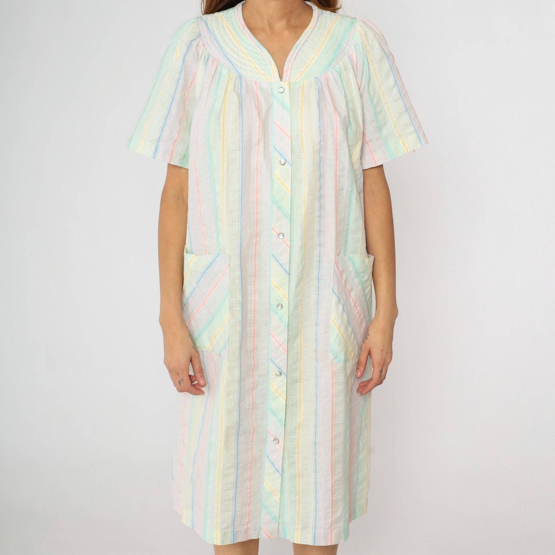 80s Barbizon Pastel Seersucker Midi Dress Puff Sleeve Pearl Snap Medium M