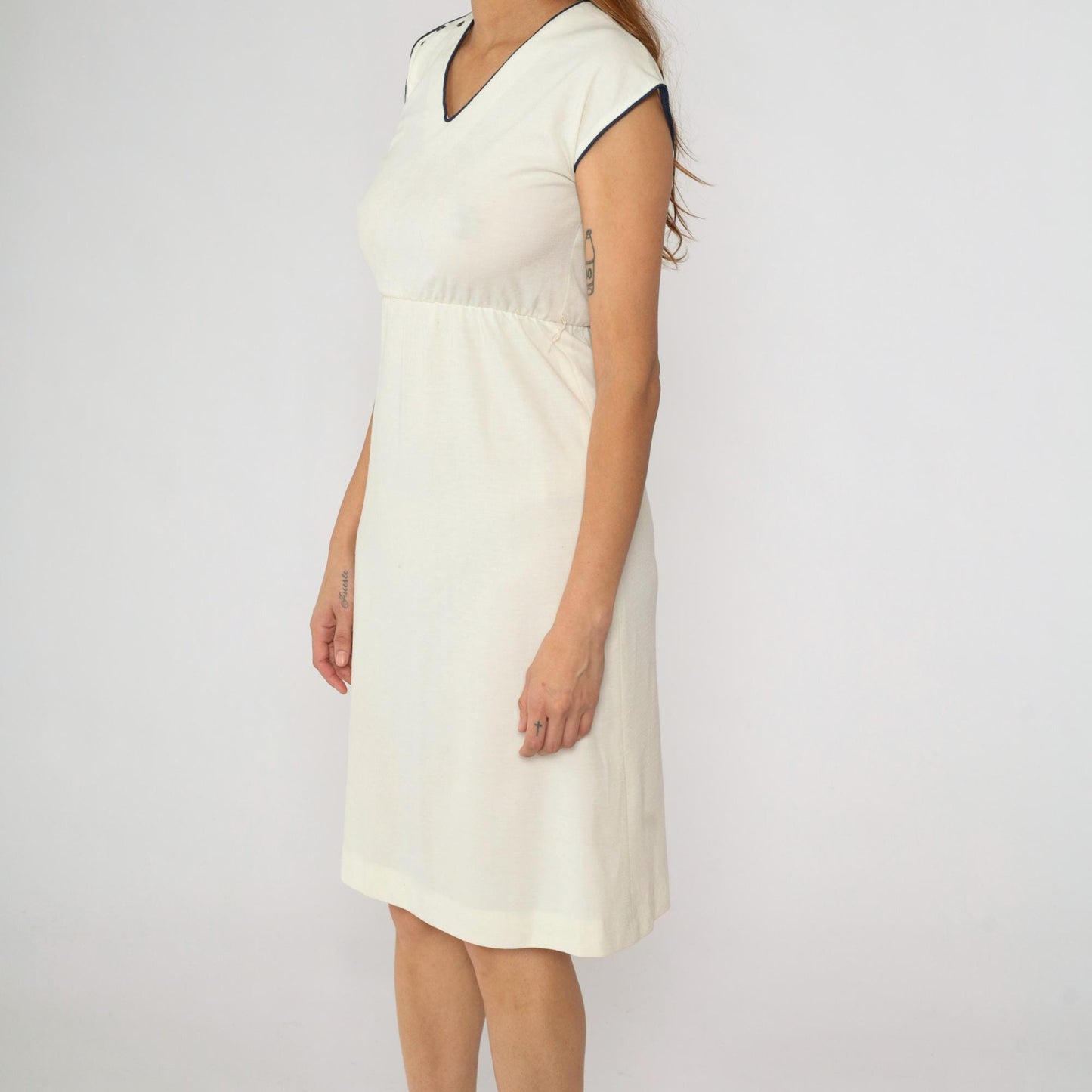 80s Lisette Cream Midi Dress Navy Piping V-Neck Cap Sleeve Extra Small