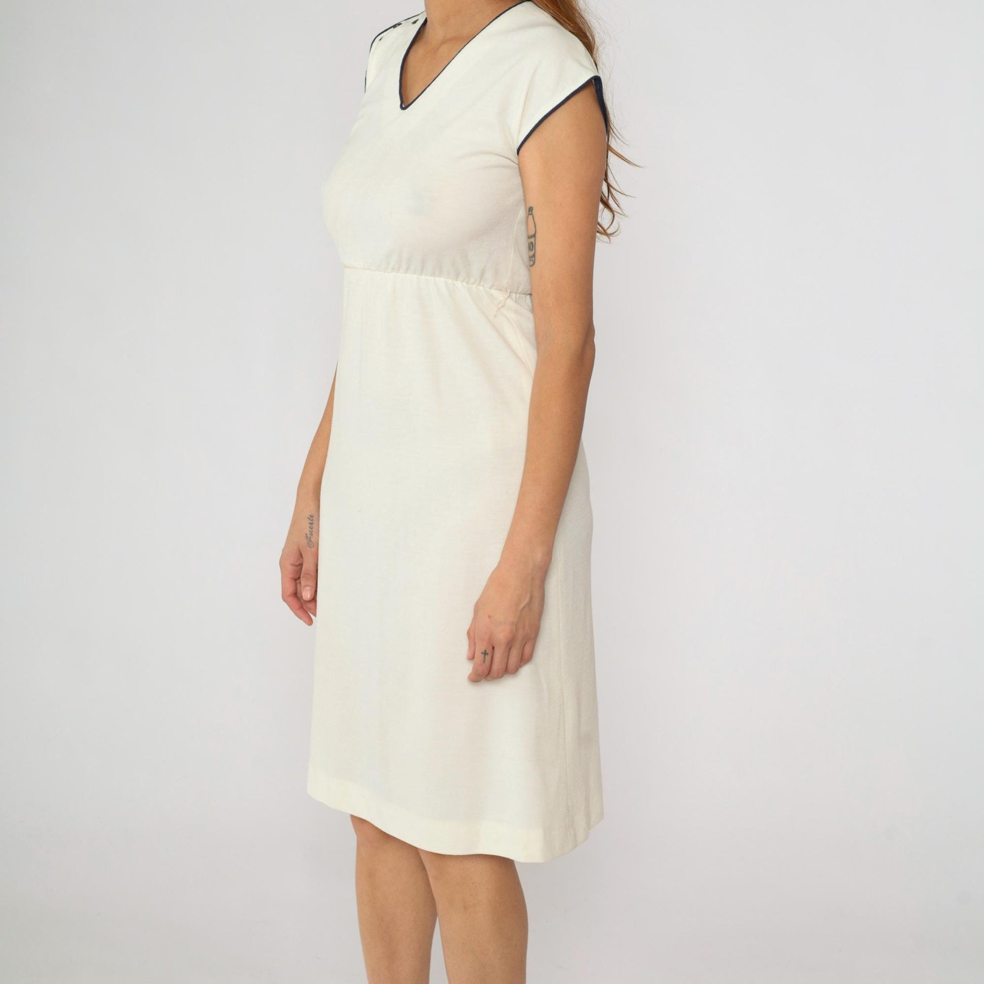 80s Lisette Cream Midi Dress Navy Piping V-Neck Cap Sleeve Extra Small
