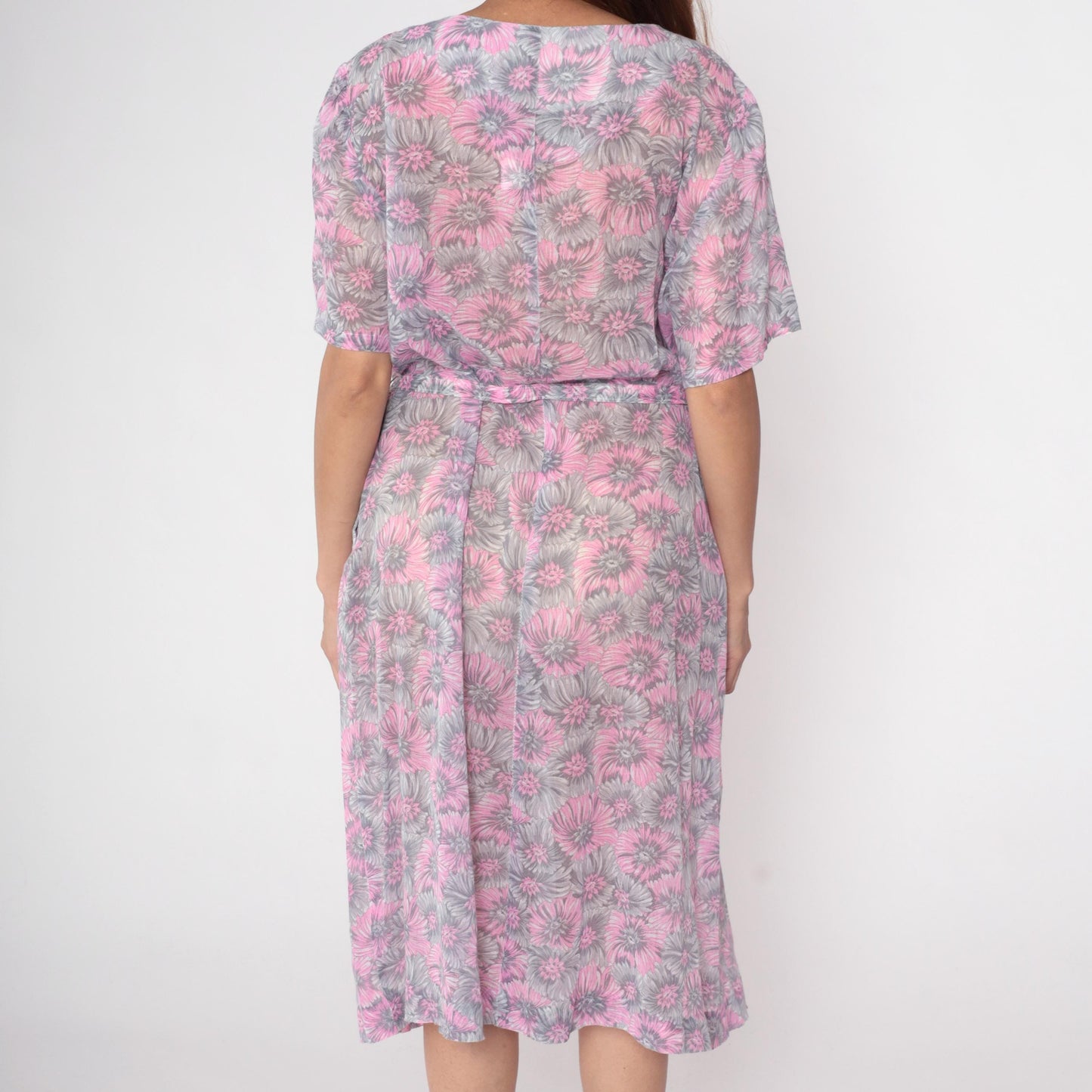 60s Floral Shift Dress Pink Grey Flower Print Midi V-Neck Short Sleeve Extra Large