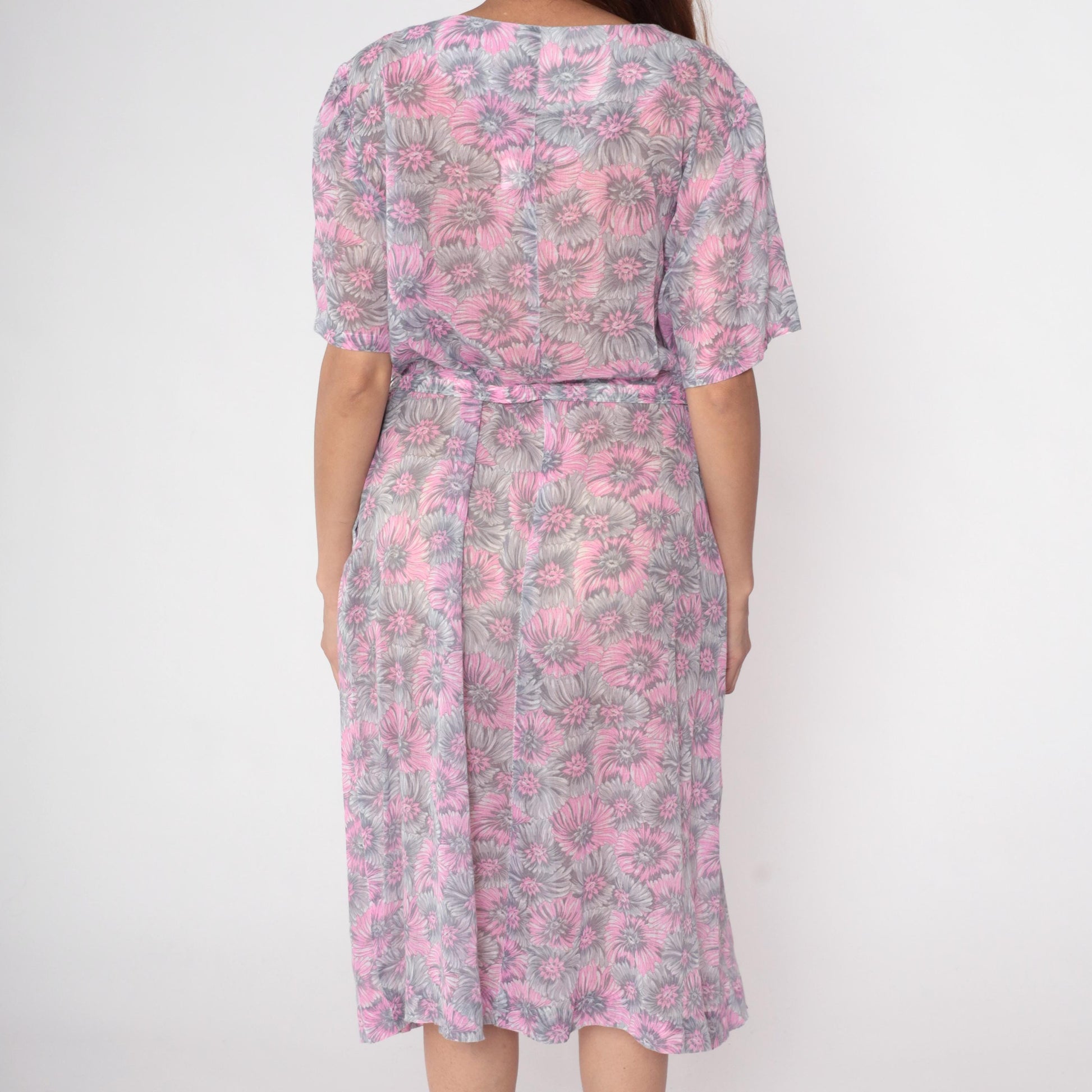 60s Floral Shift Dress Pink Grey Flower Print Midi V-Neck Short Sleeve Extra Large