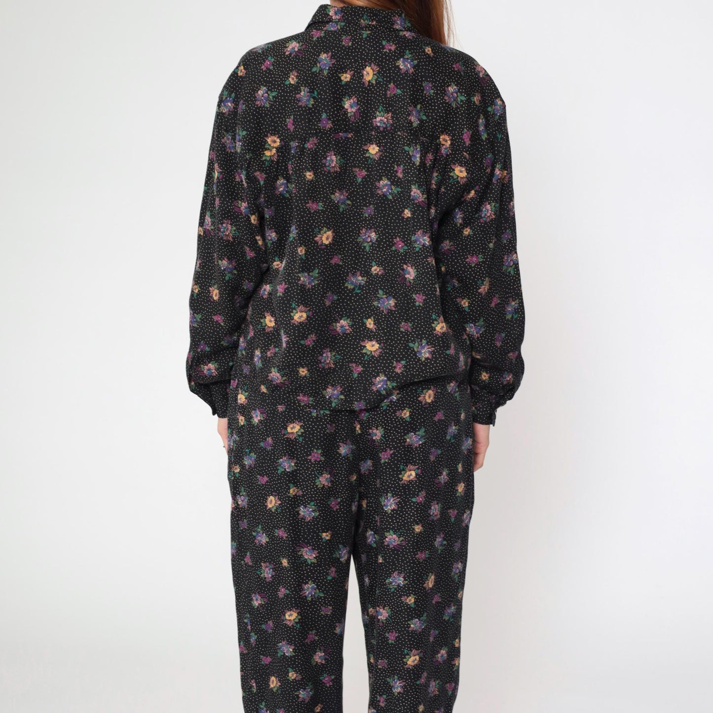 90s Liz Claiborne Floral Polka Dot Two Piece Set Black Button Up Blouse Tapered Pants Medium