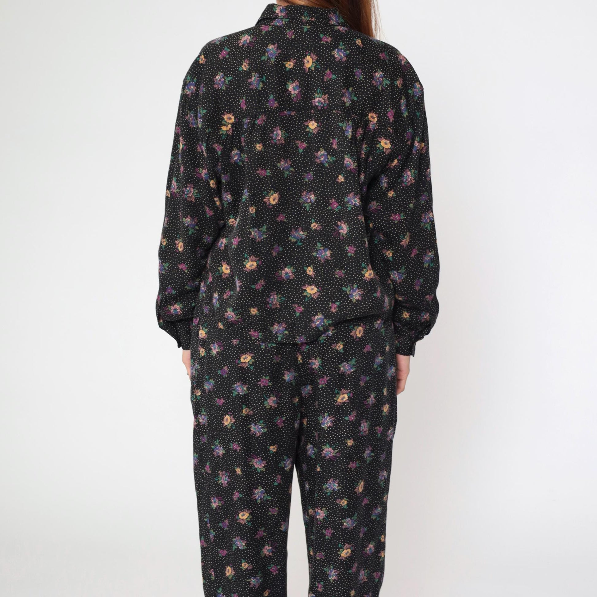 90s Liz Claiborne Floral Polka Dot Two Piece Set Black Button Up Blouse Tapered Pants Medium