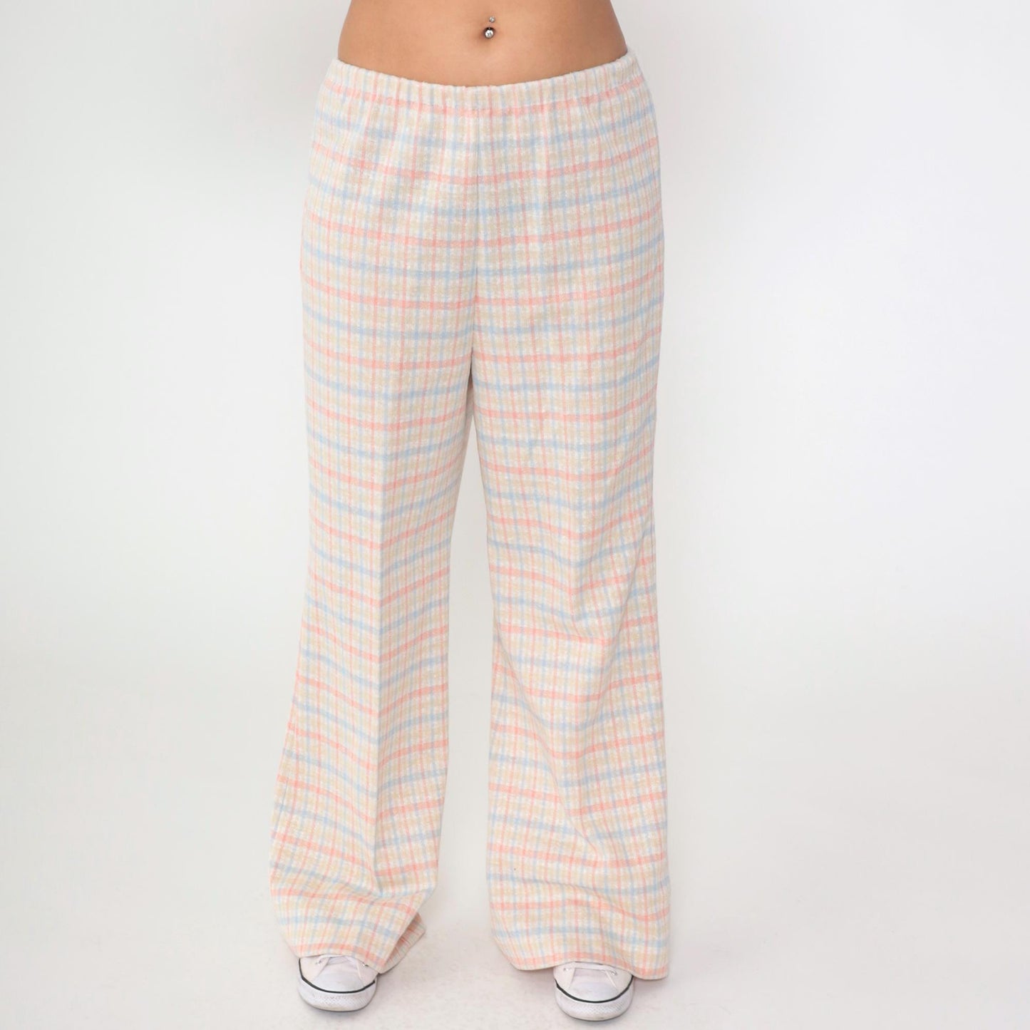 70s Pink Blue Checkered Two Piece Set Wide Leg Pants Blouse Large L