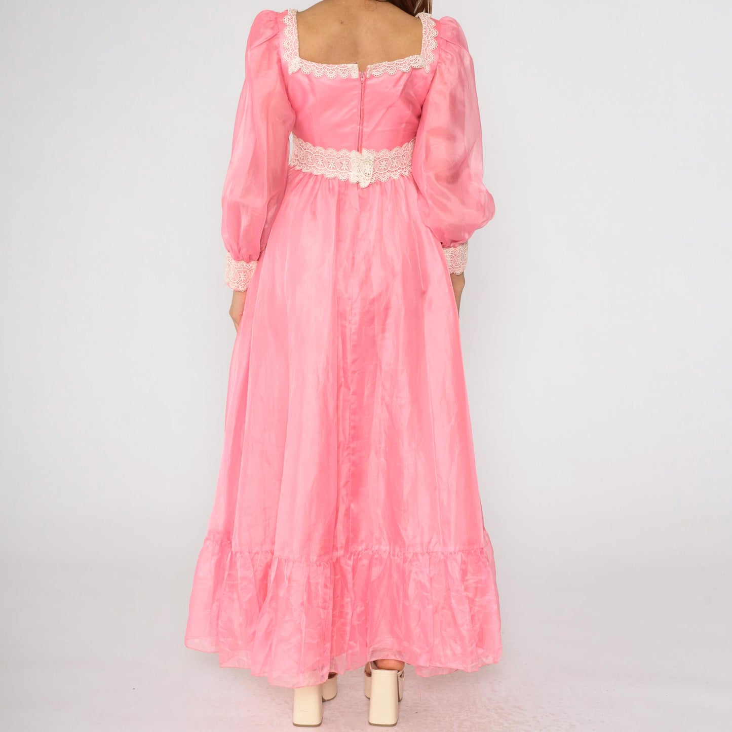 70s Pink Taffeta Evening Gown Puff Sleeve Square Neck Empire Waist Small