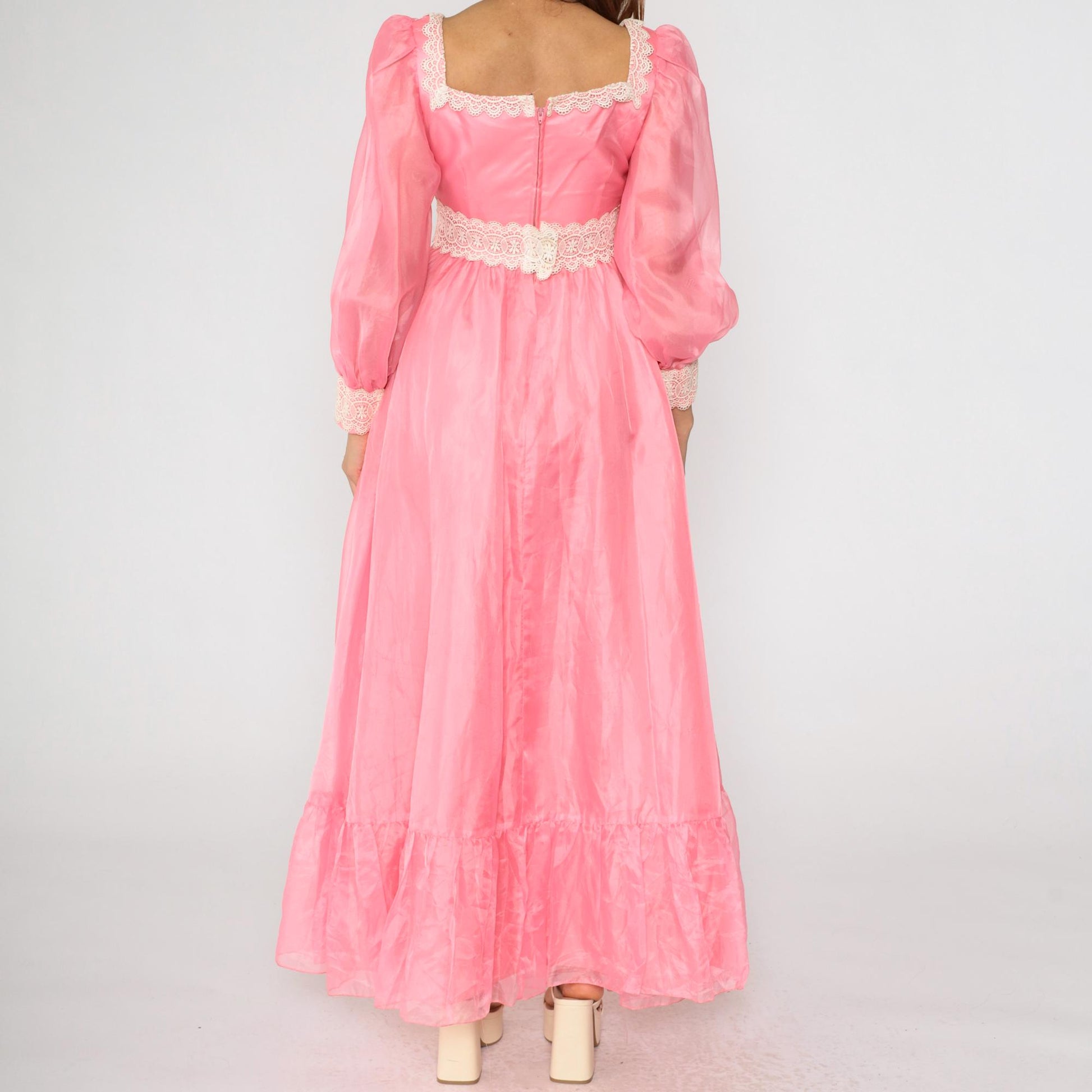 70s Pink Taffeta Evening Gown Puff Sleeve Square Neck Empire Waist Small