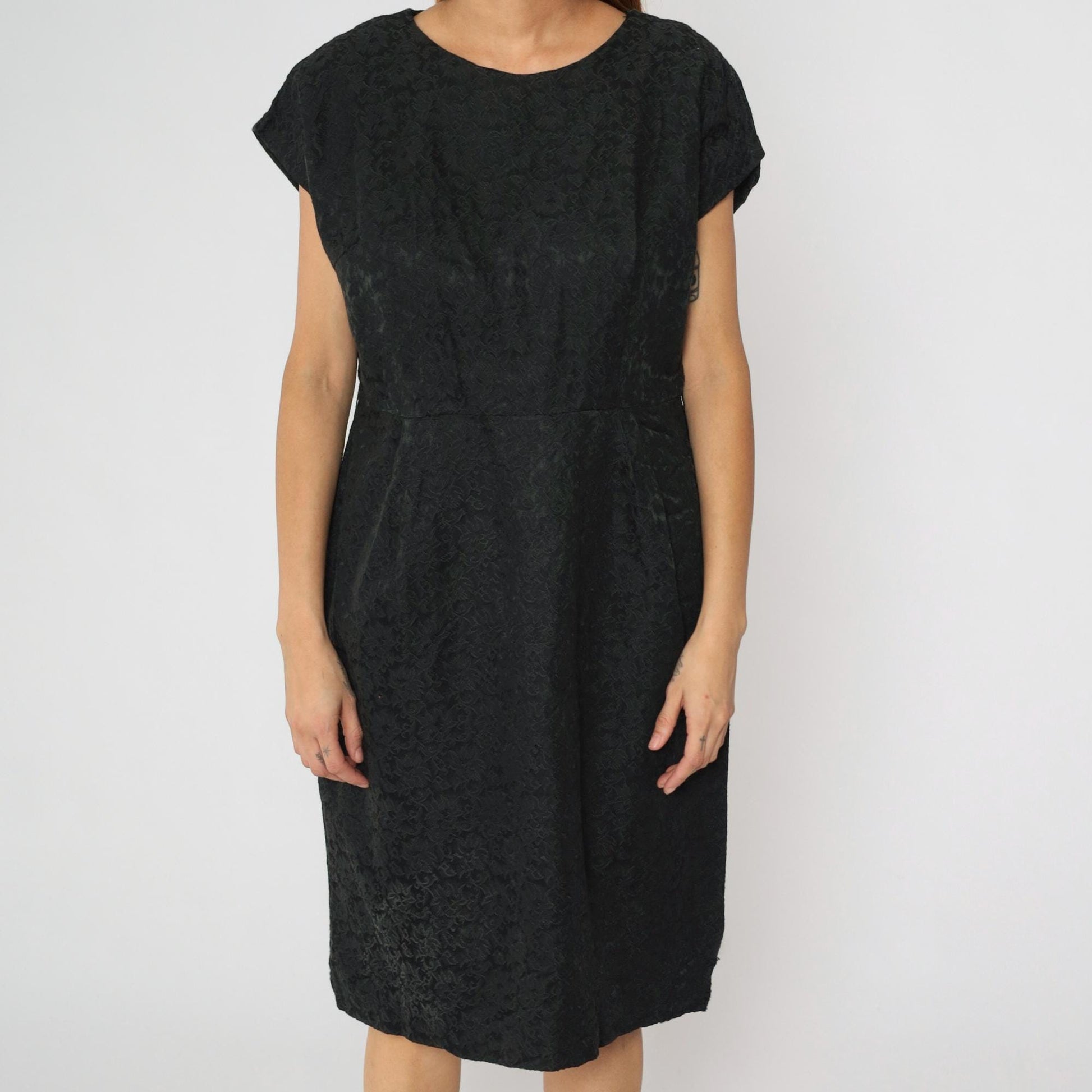 60s Black Brocade Sheath Dress Floral Cap Sleeve Midi Large L