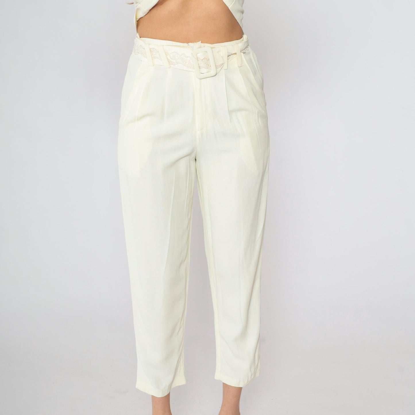 80s Two Piece Suit Cream Embroidered Blazer & Tapered Pants Set Small