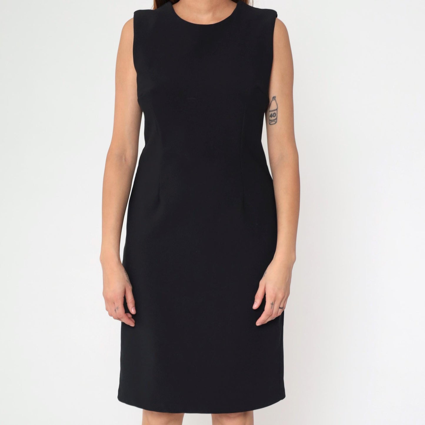 90s Black Sheath Dress Sleeveless Knee-Length Shift Dress Medium 10