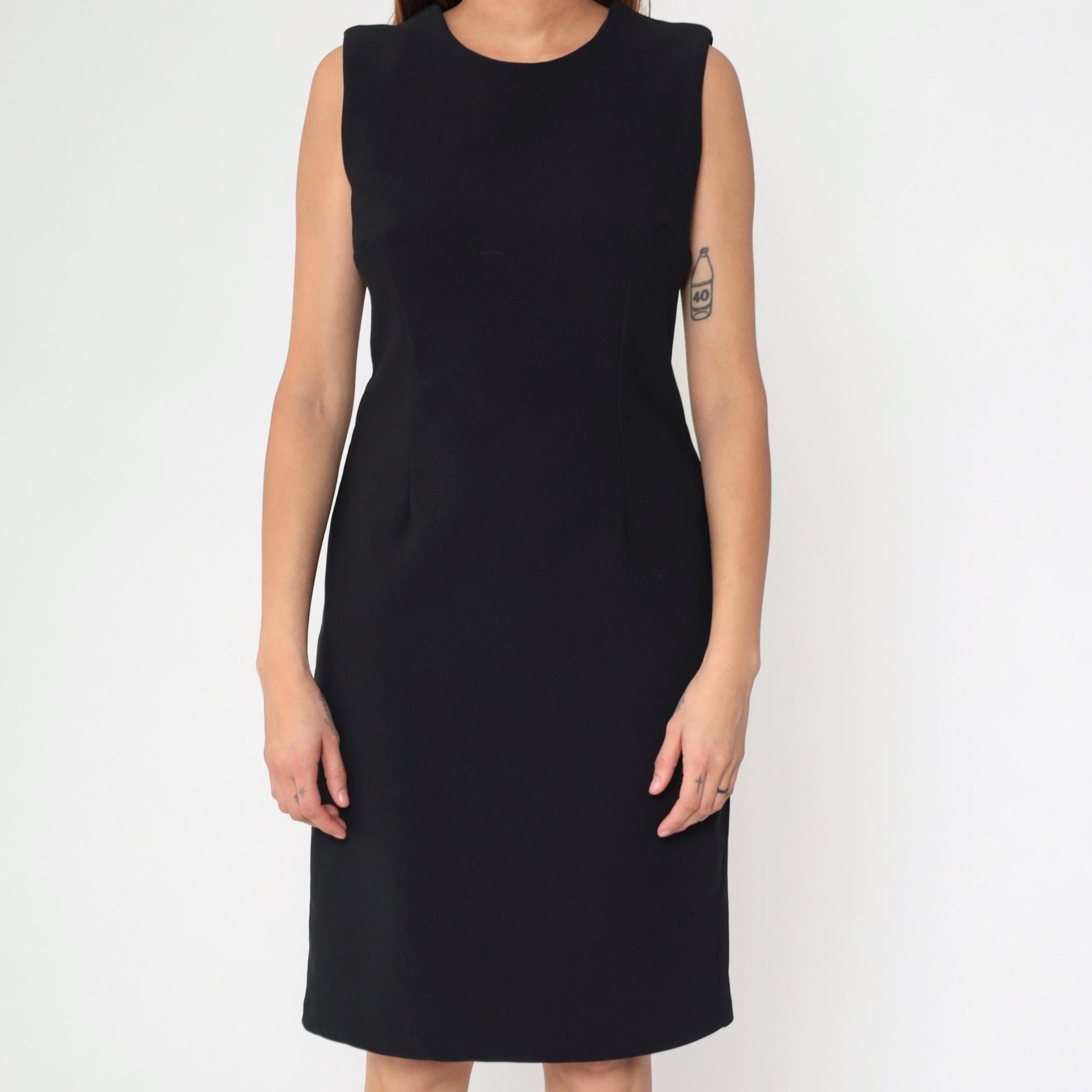 90s Black Sheath Dress Sleeveless Knee-Length Shift Dress Medium 10