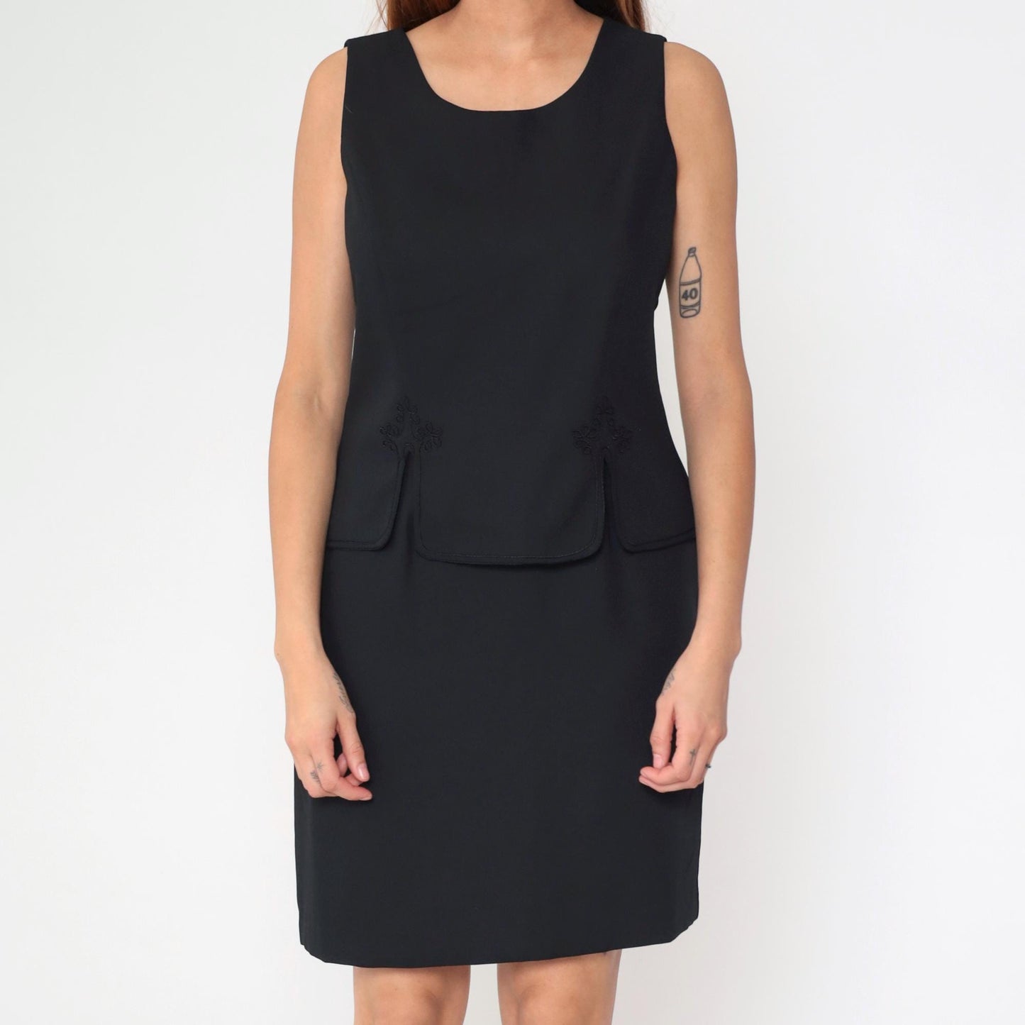 90s Black Mini Dress Soutache Trim Sleeveless Sheath Medium M