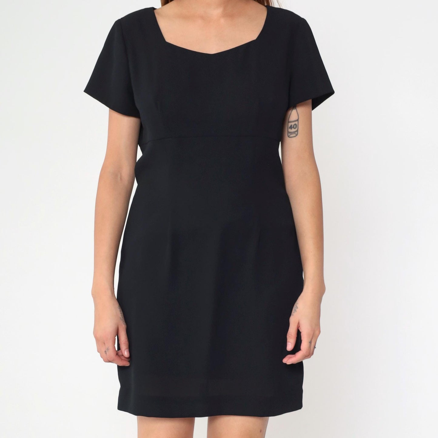 90s Black Mini Sheath Dress Empire Waist Short Sleeve Medium Petite