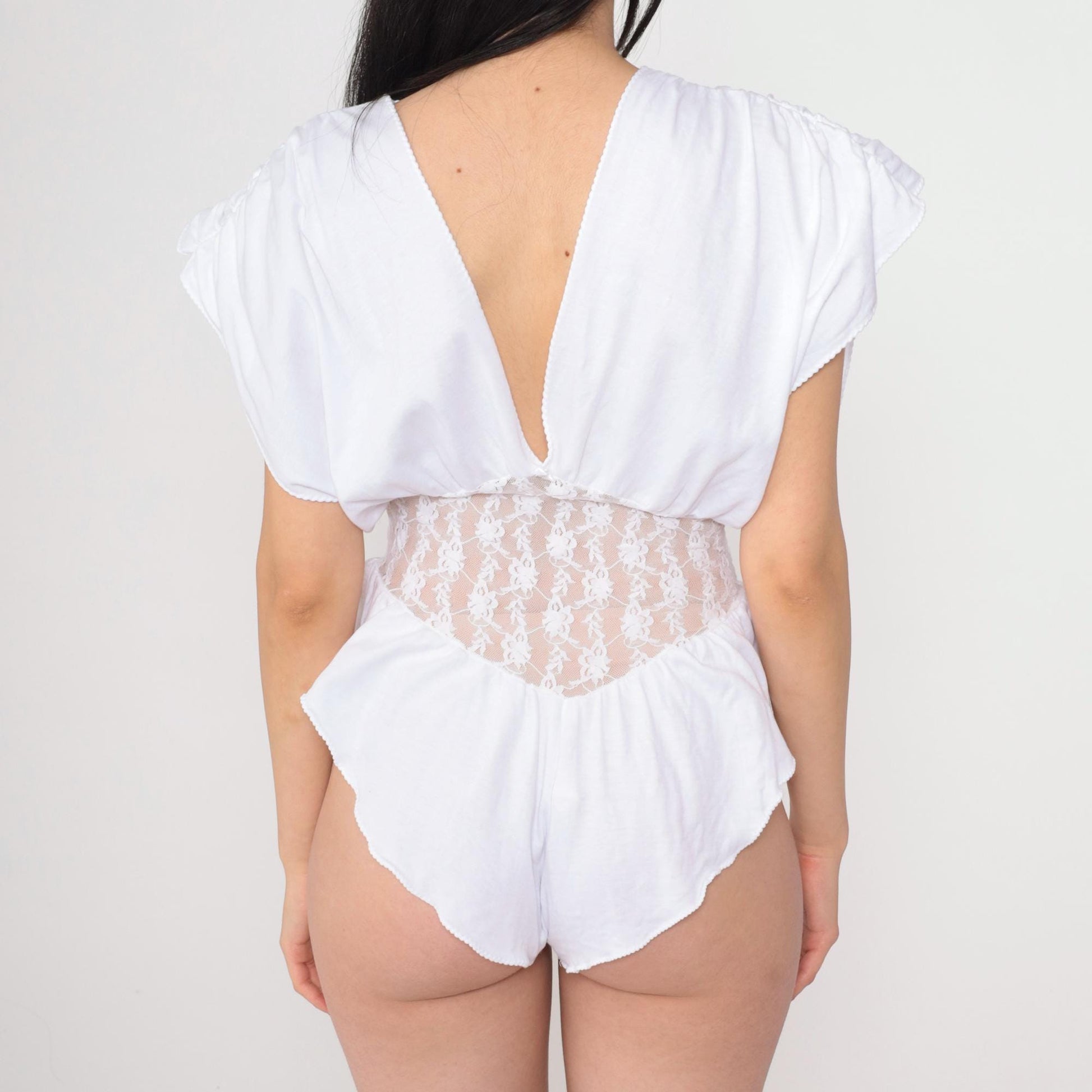 80s White Lace Teddy Bodysuit Deep V Plunge Open Back Medium