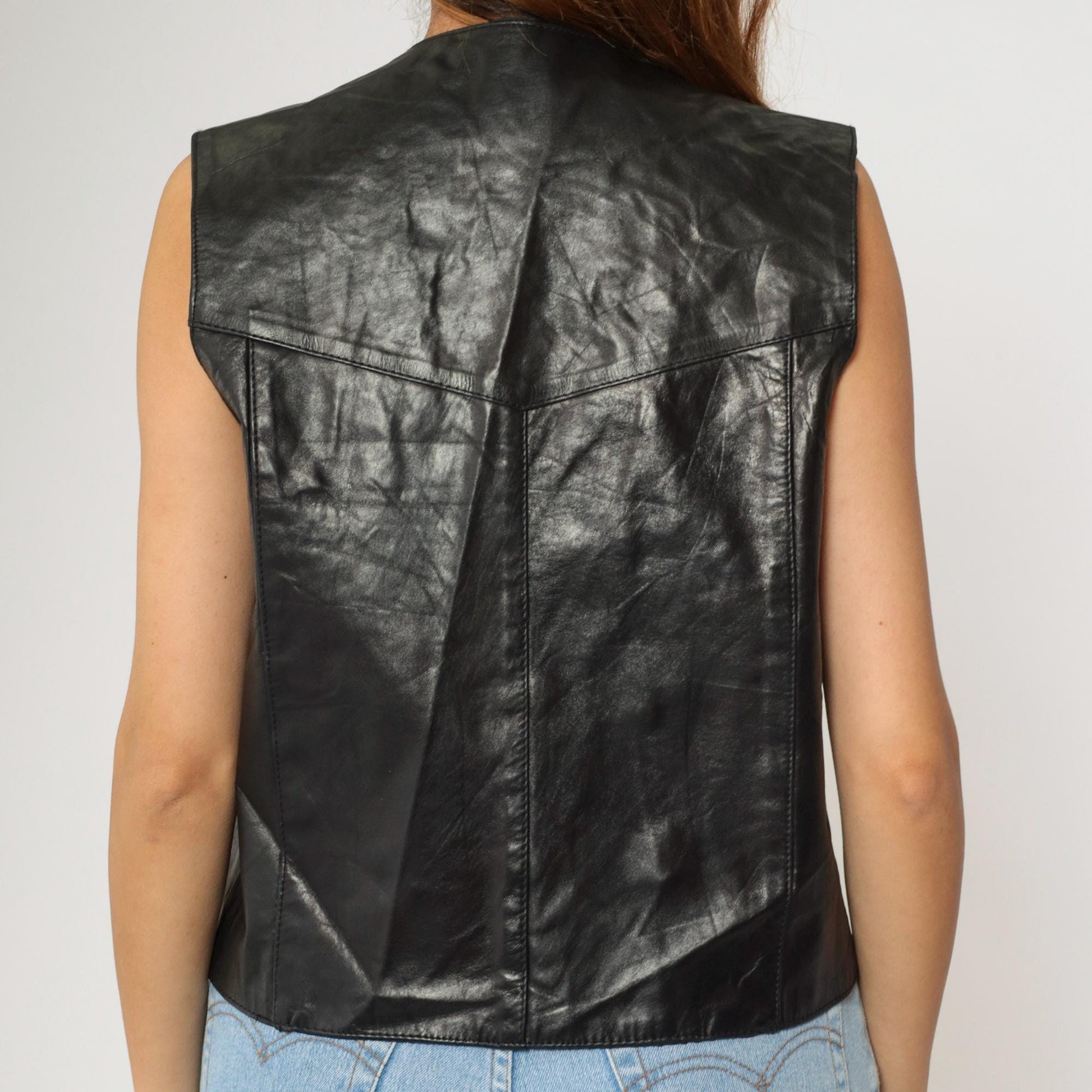 90s Black Leather Biker Vest Snap Front V Neck Sleeveless Medium