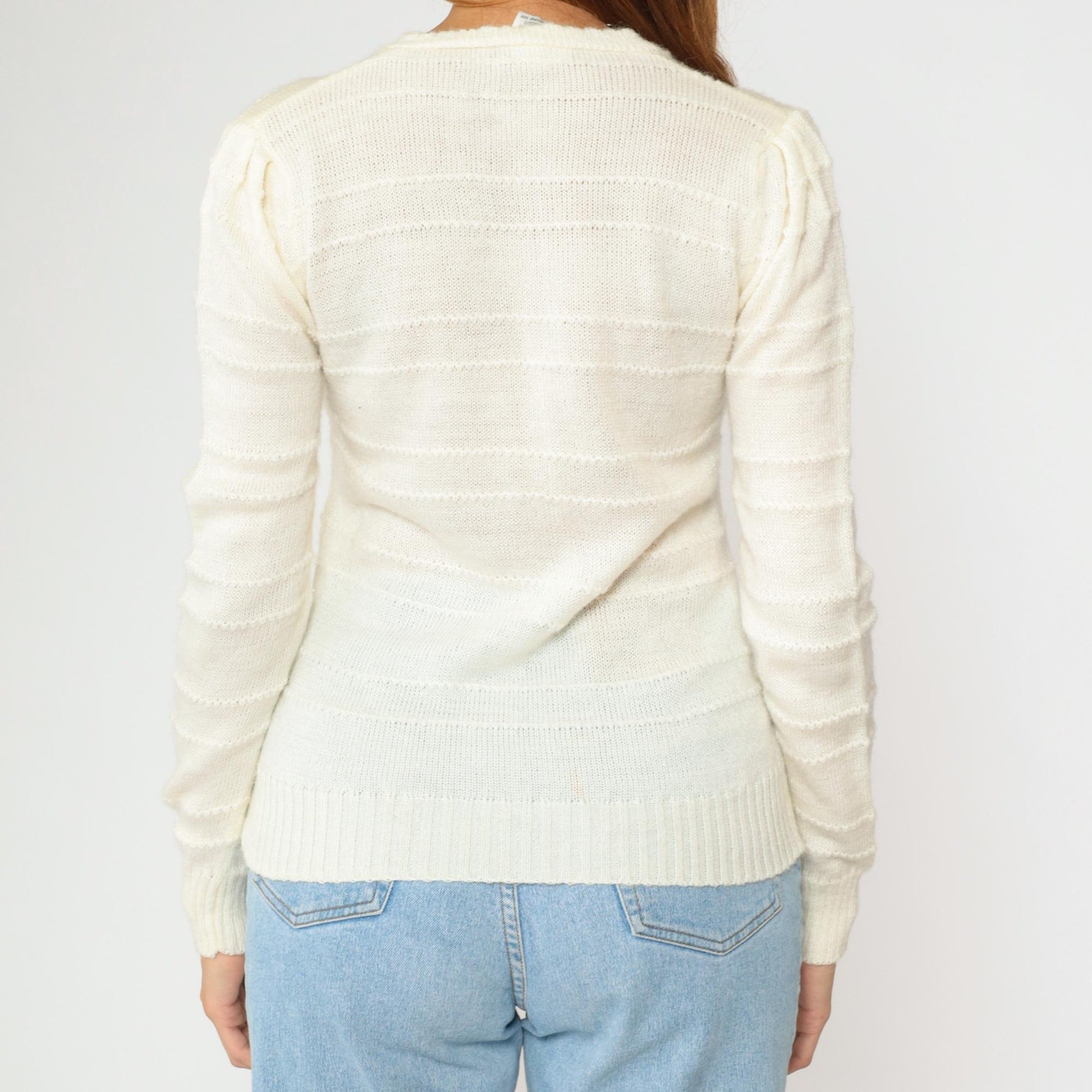 70s-80s Embroidered Floral Puff Sleeve Sweater Cream V-Neck Small
