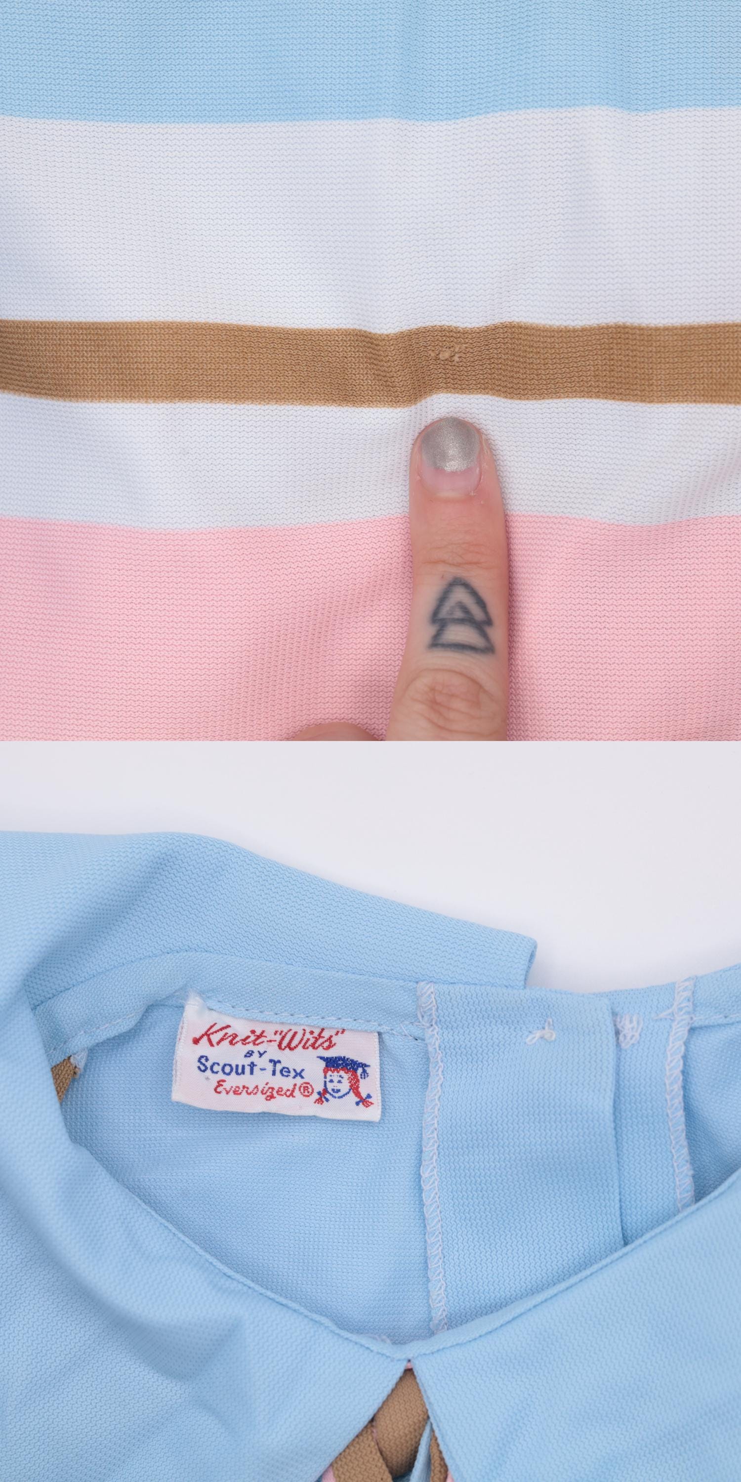 60s Striped Blouse Pilgrim Collar Tassel Neckline Blue Pink Brown Extra Small