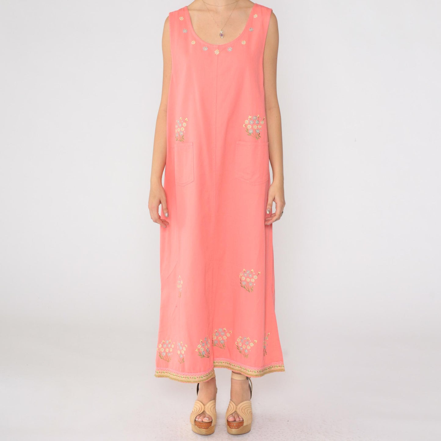 90s Pink Floral Embroidered Cotton Maxi Dress Sleeveless Large L