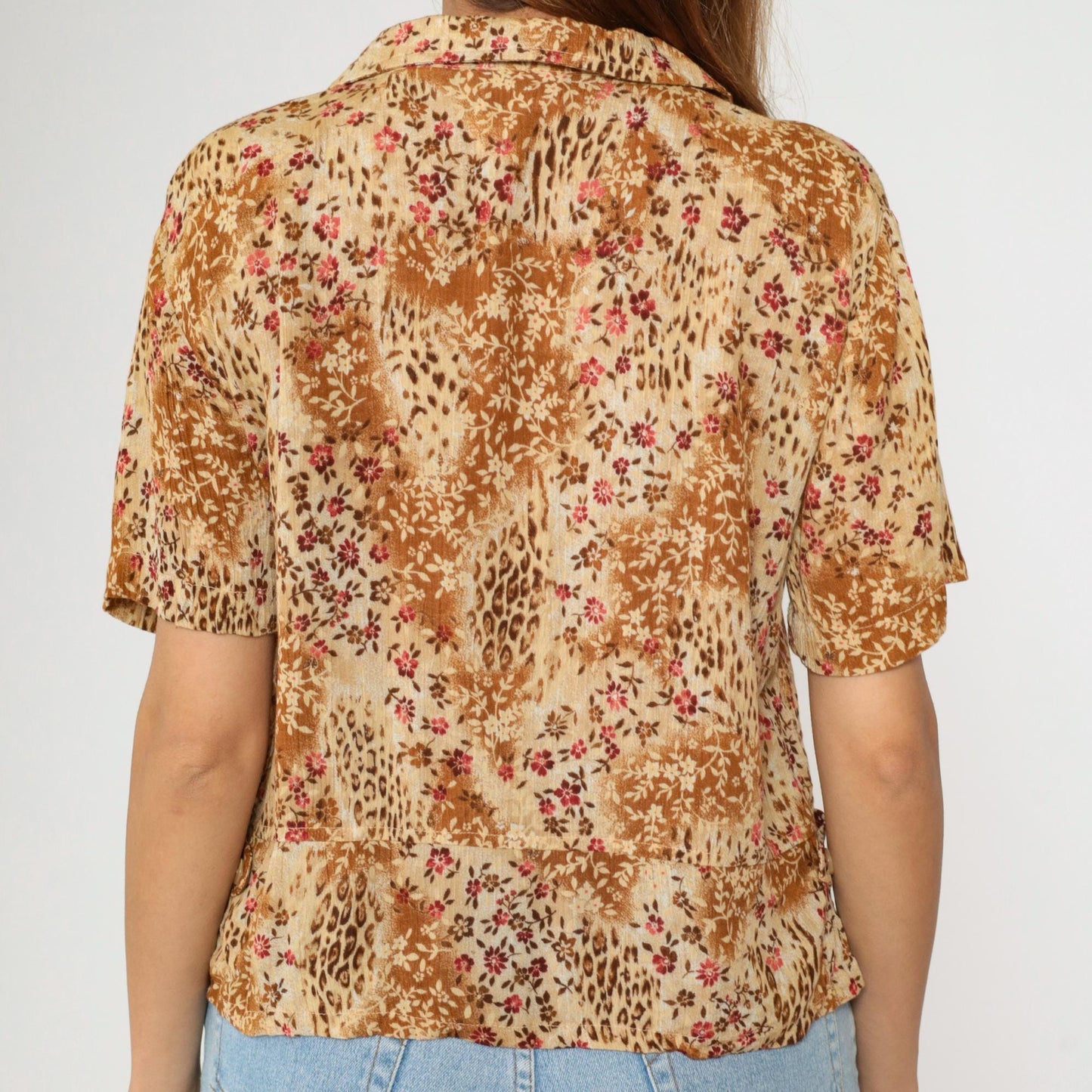 90s Kathie Lee Leopard Floral Button Up Blouse Tan Brown Short Sleeve Medium