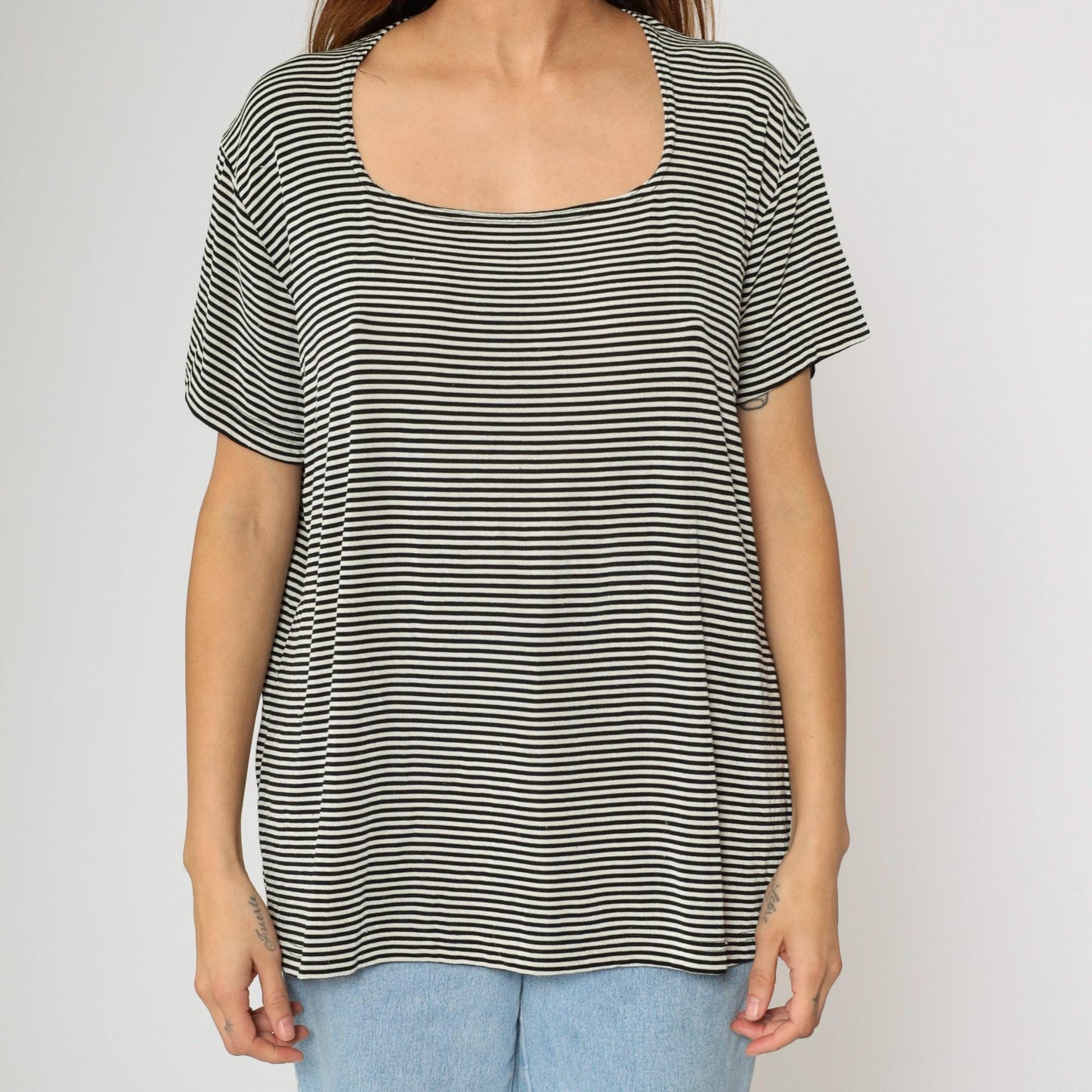 90s Black White Striped Scoop Neck Top Short Sleeve Plus Size XXL