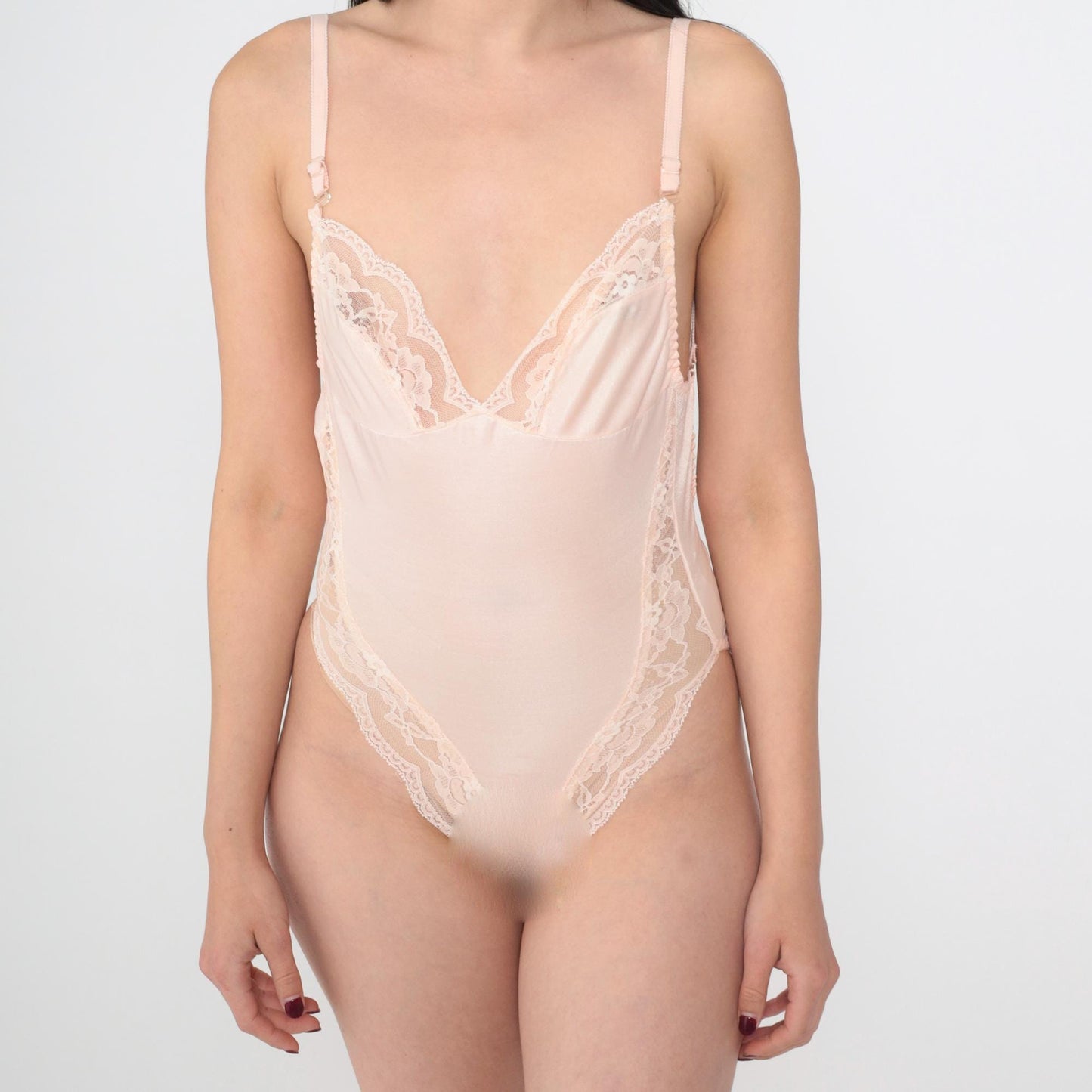80s Berlei Baby Pink Lace Teddy Bodysuit High Cut V-Neck Small S