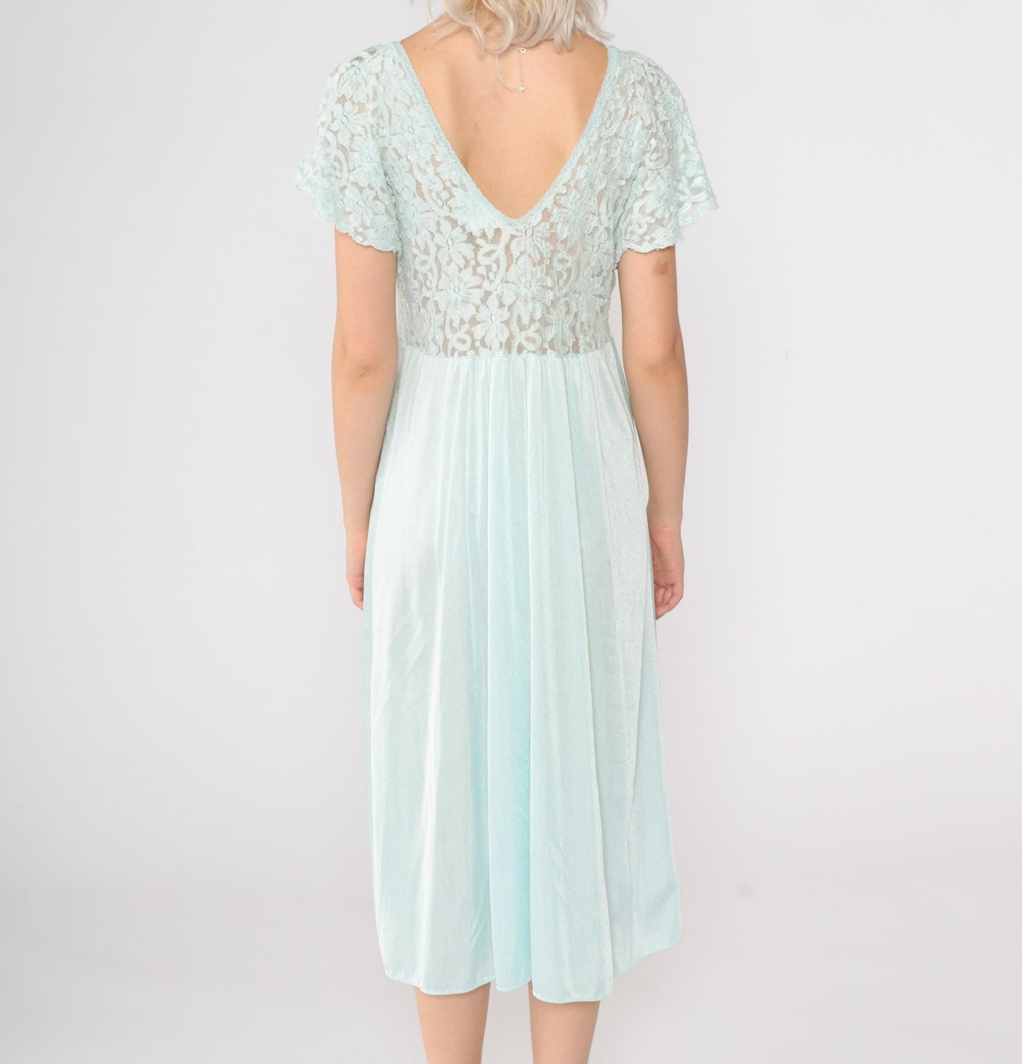80s Aqua Lace Slip Dress Sheer Flutter Sleeve Nightgown Medium