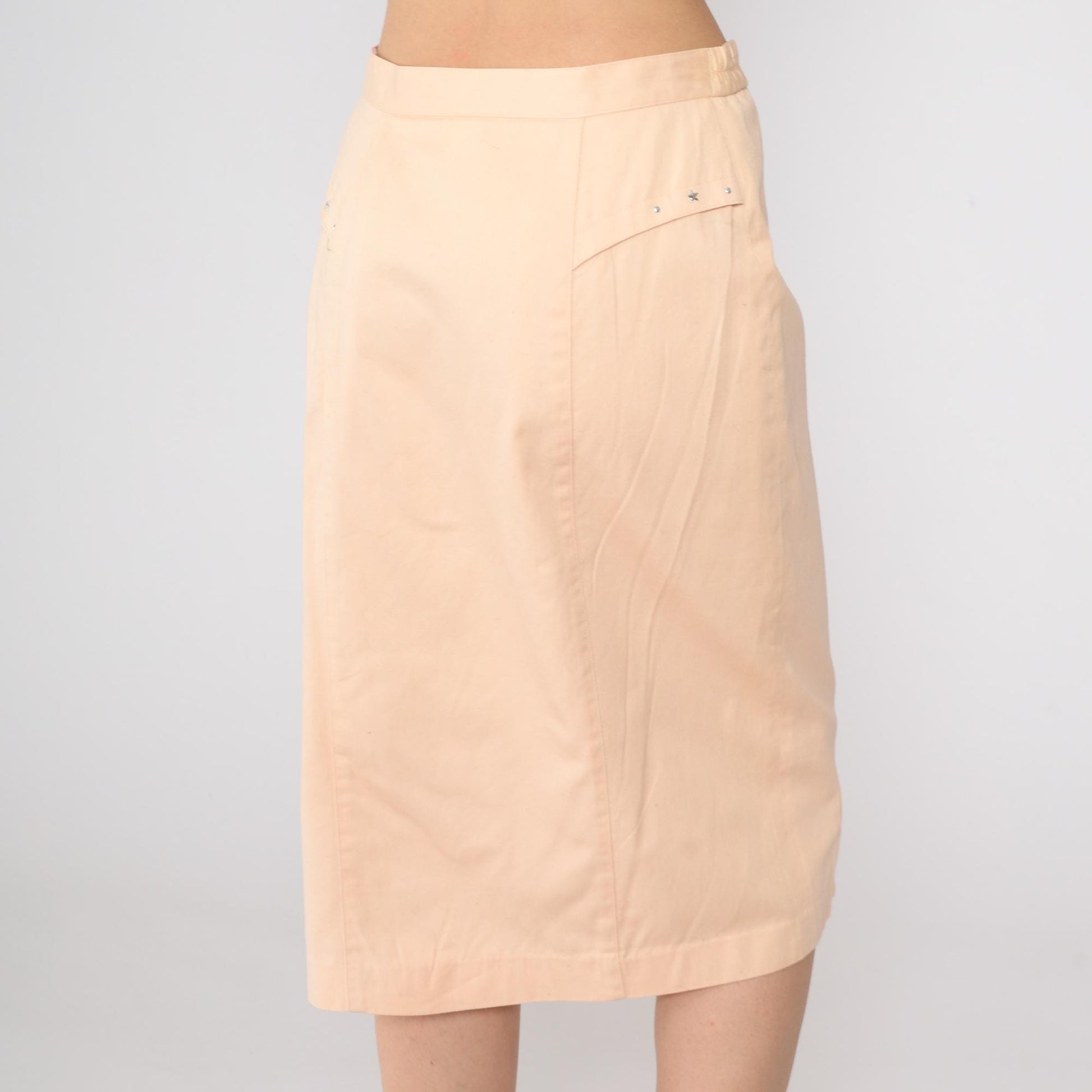 80s Peach Snap-Front Midi Skirt Studded Sides High Waist Medium