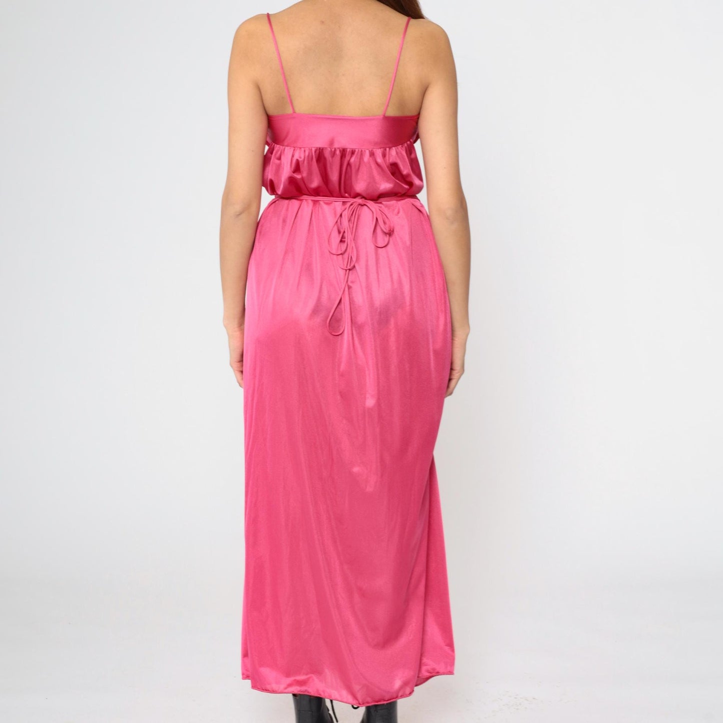 70s Lily of France Deep Pink Lace Maxi Slip Nightgown Spaghetti Strap Small S