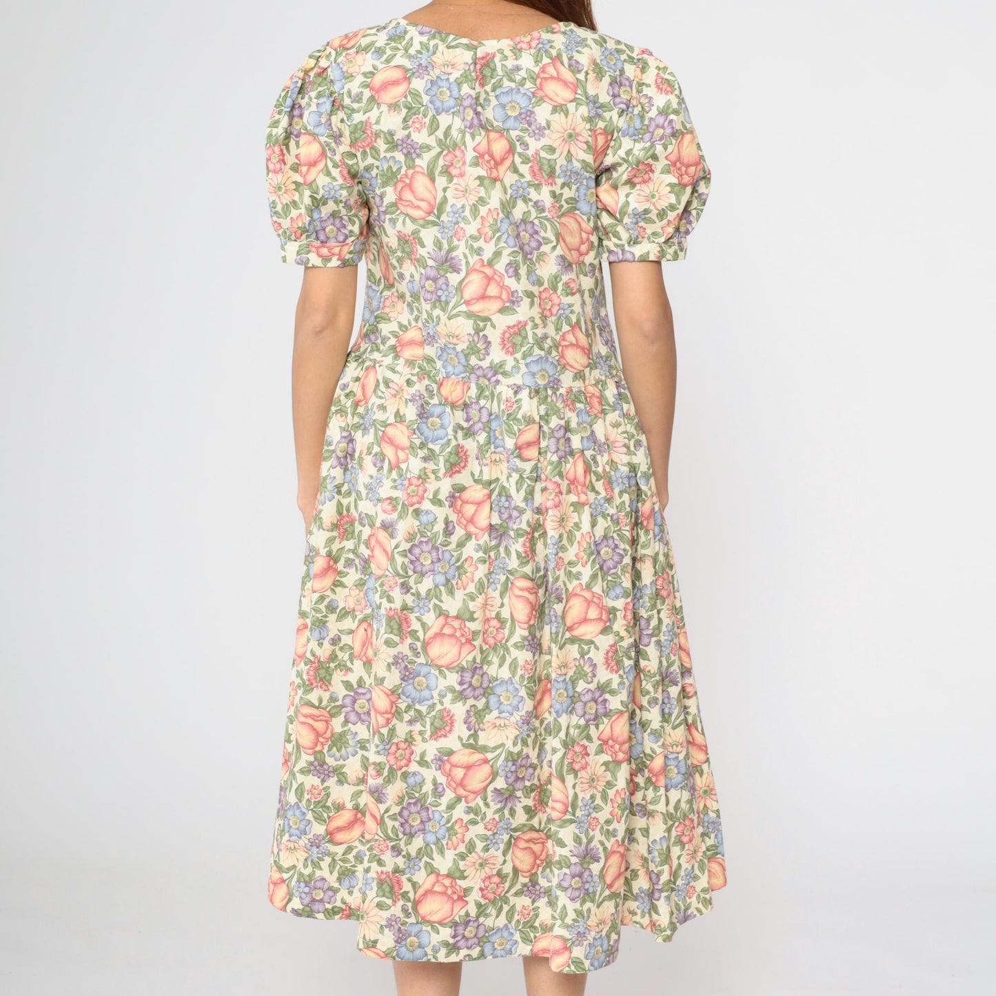 80s Floral Midi Dress Puff Sleeve Button-Up Cream Small Medium
