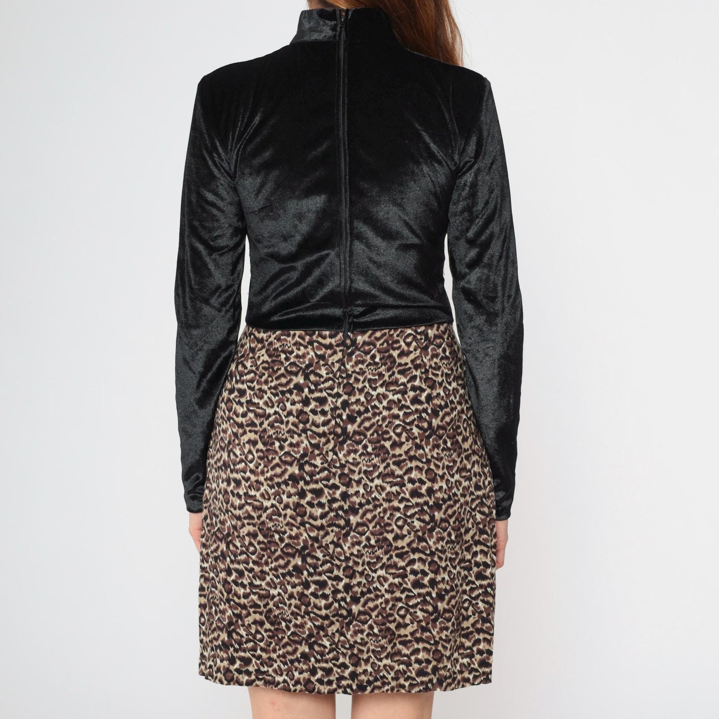 90s Velour Leopard Print Mini Dress Mock Neck Black Long Sleeve Small