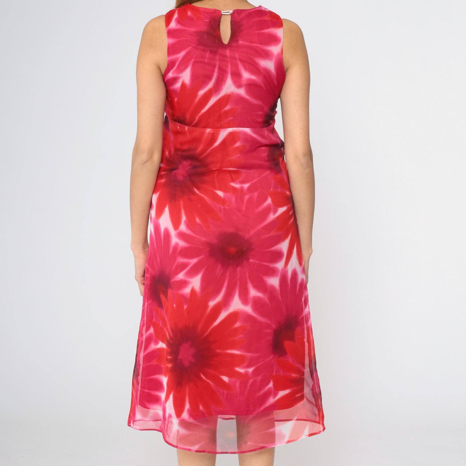 90s Red Pink Floral Midi Dress Empire Waist Sleeveless Round Neck Extra Small