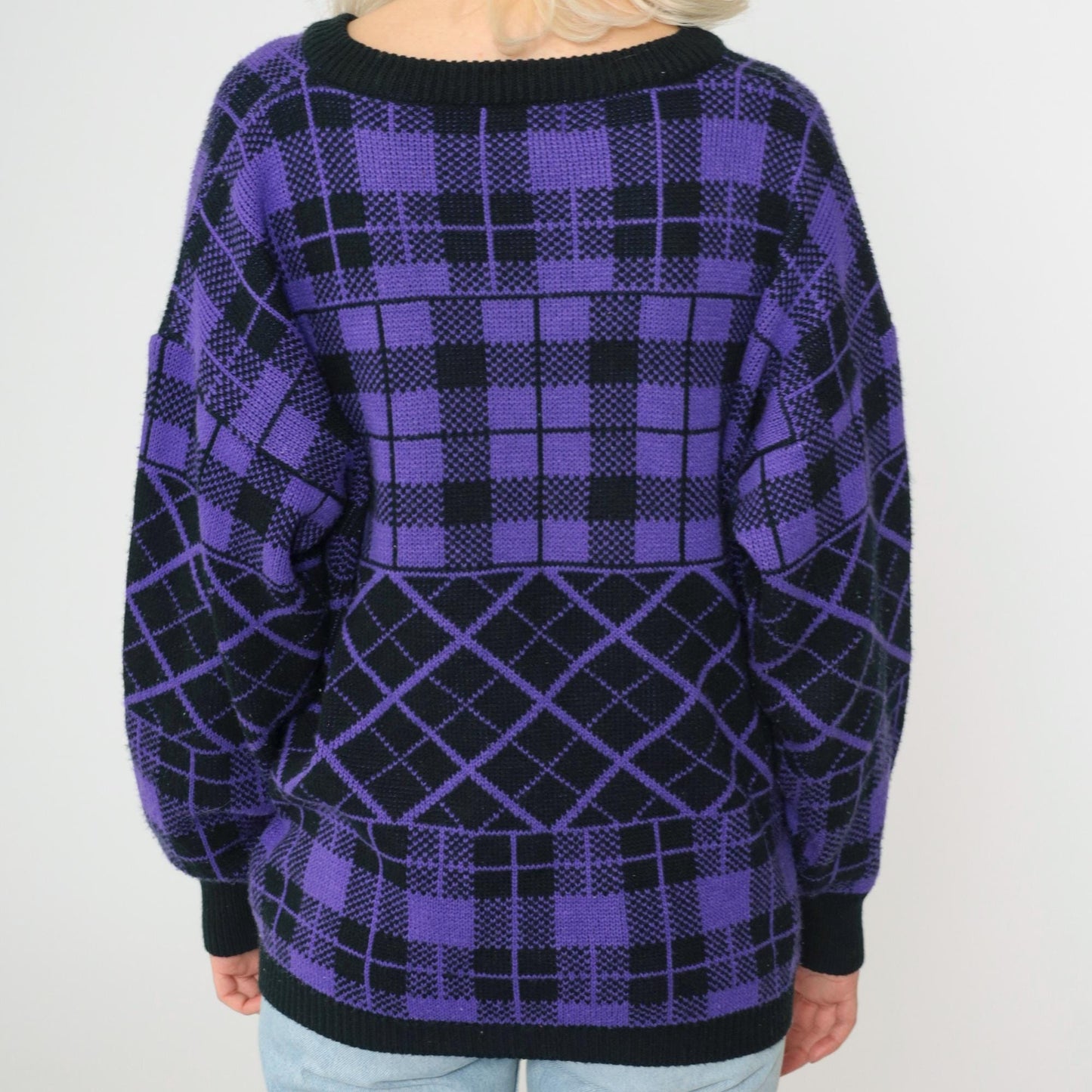 90s Purple Black Checkered Sweater V Neck Knit Pullover Plus Size XXL