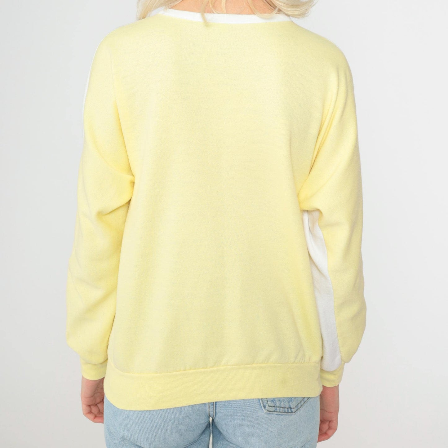 80s Yellow & White Henley Sweatshirt Color Block Slouchy Large