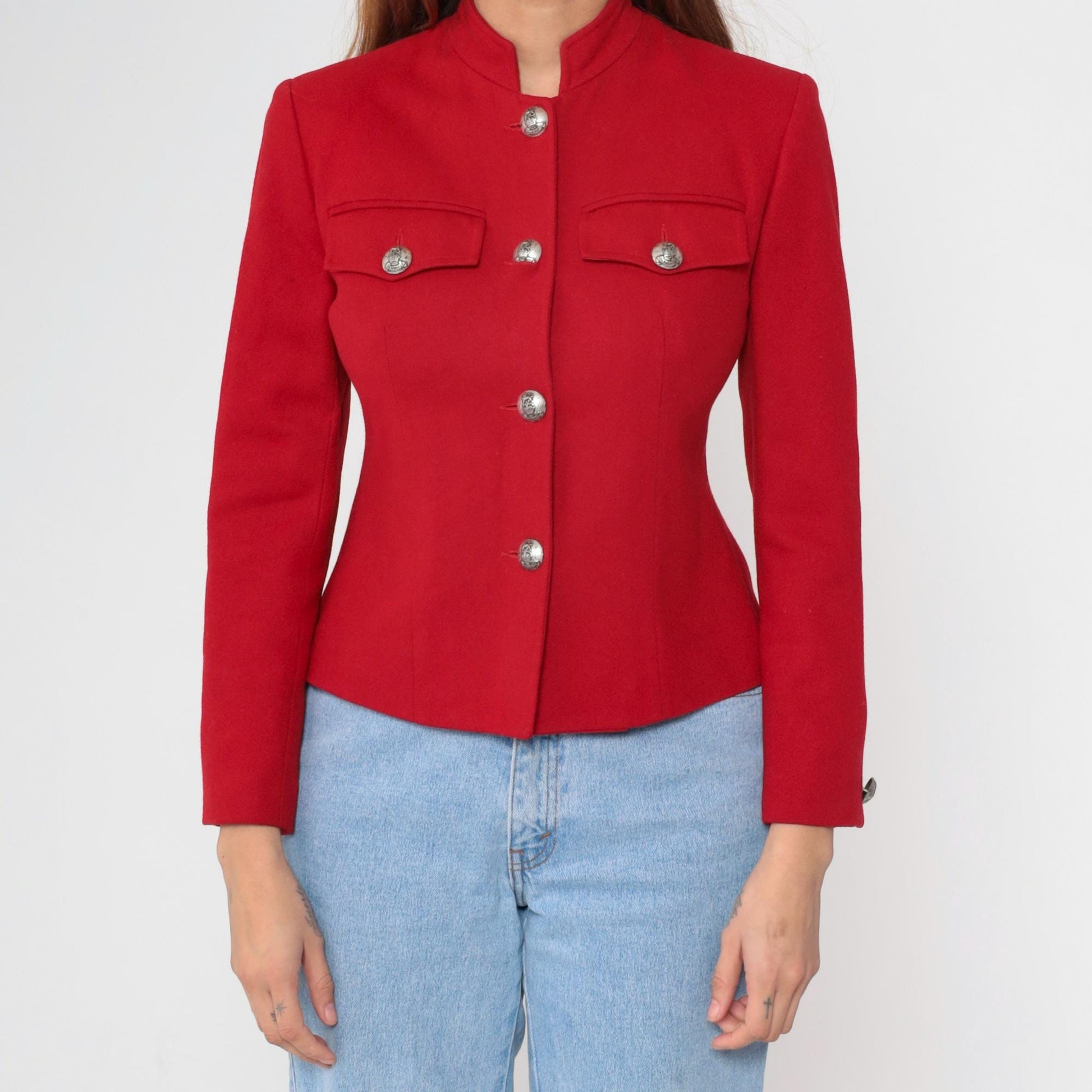 90s Red Wool Blazer Mandarin Collar Tailored Jacket Extra Small