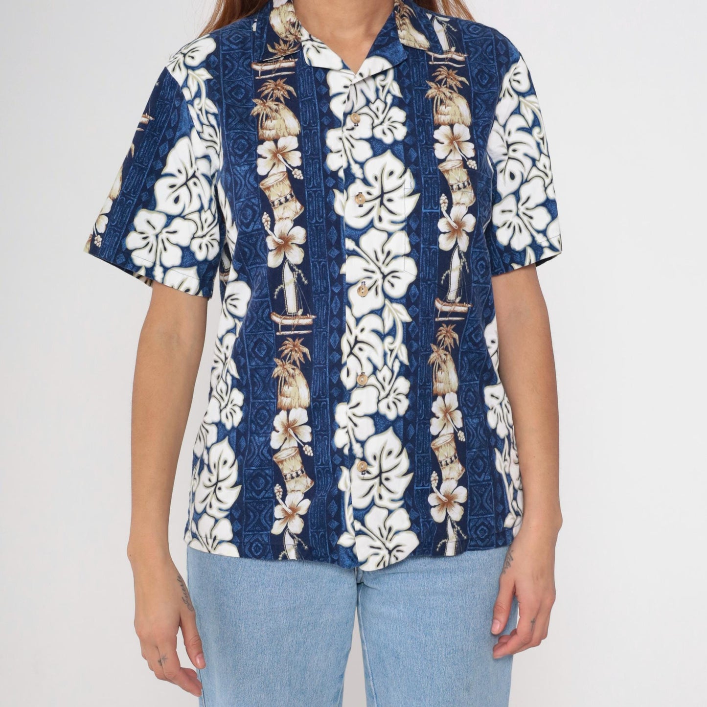 90s RJC Hawaiian Shirt Blue Tropical Floral Hibiscus Aloha Small