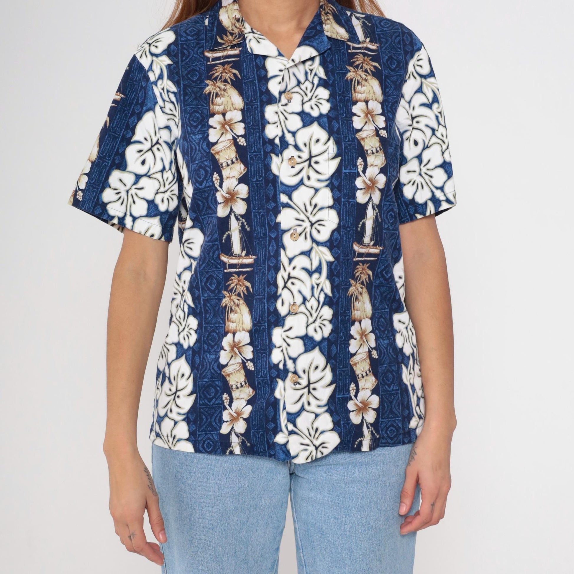 90s RJC Hawaiian Shirt Blue Tropical Floral Hibiscus Aloha Small