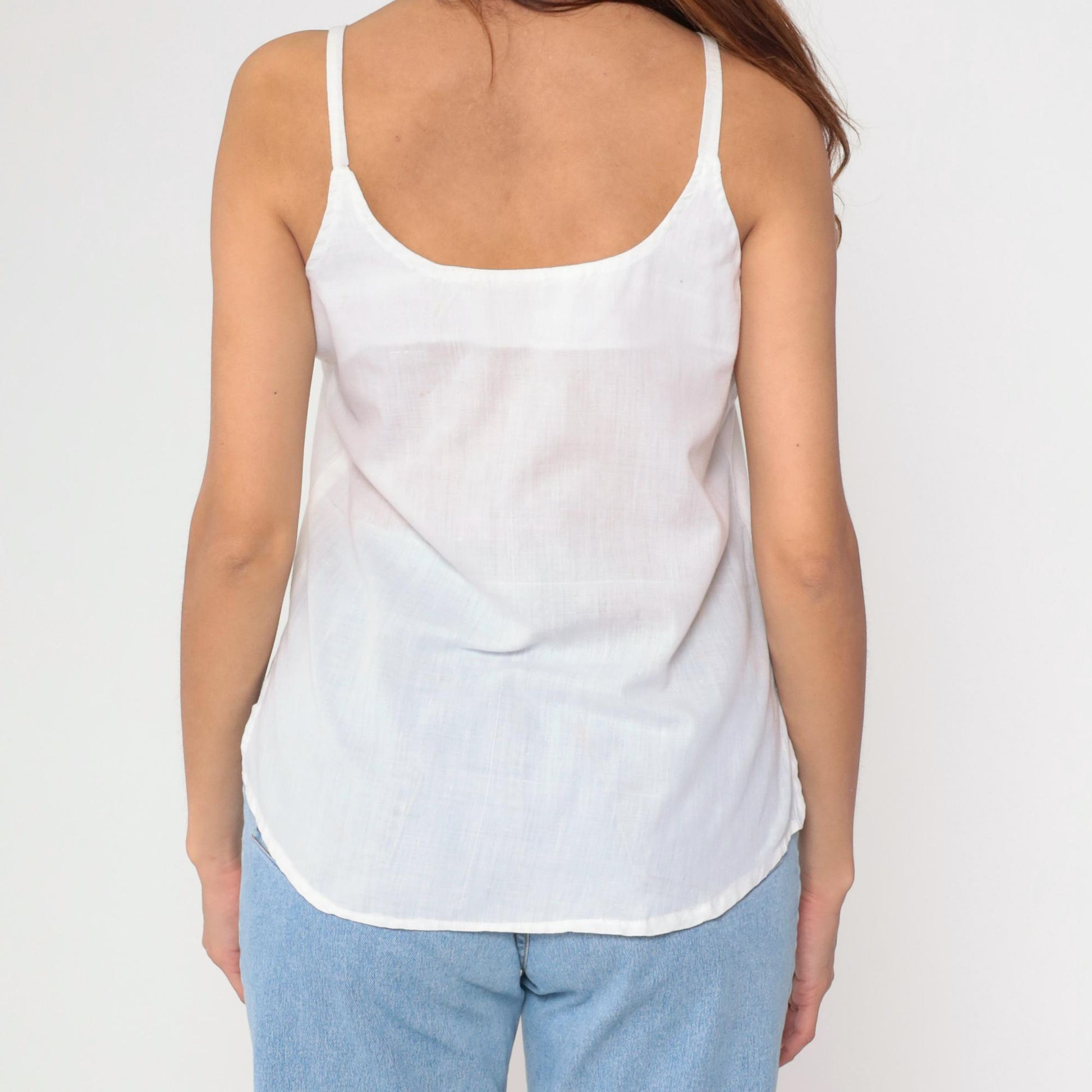 90s White Floral Embroidered Tank Top Spaghetti Strap Split Neck Small Medium